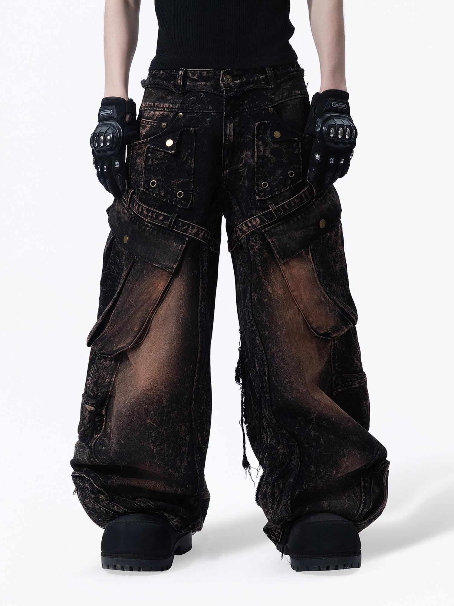 MOGONGSHE American High Street Studded Distressed Cargo Women's Denim Wide-leg Jeans