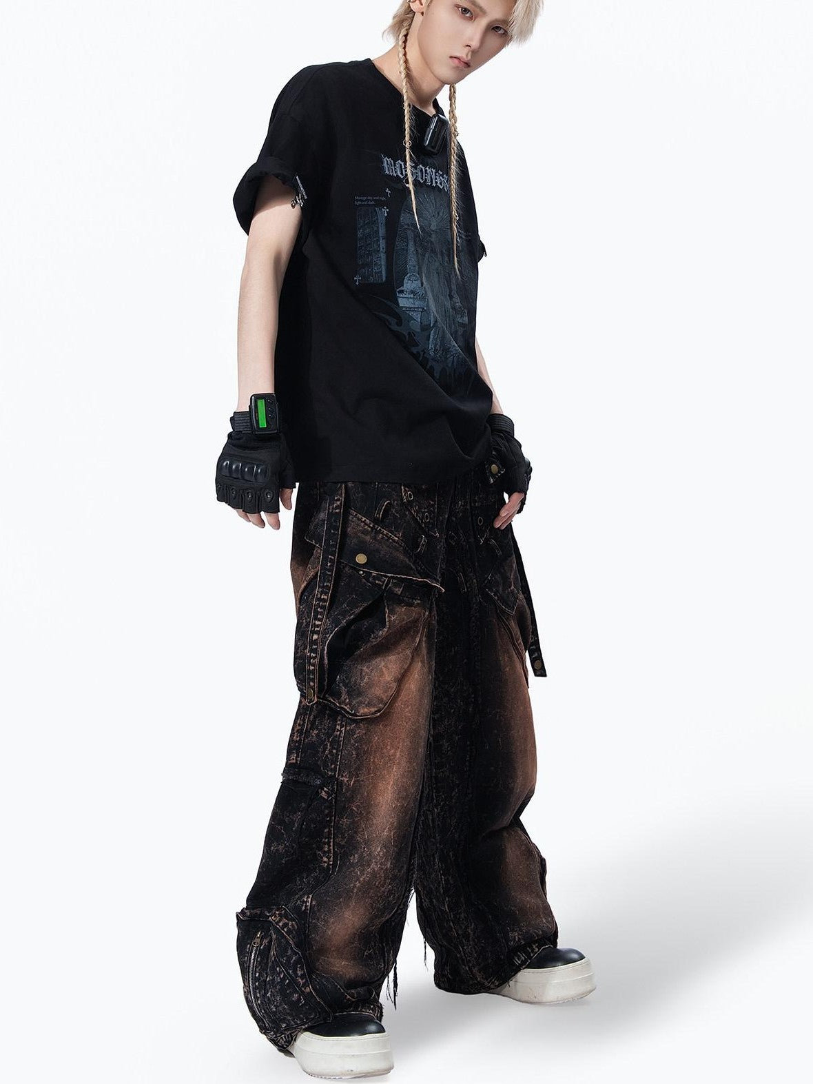 MOGONGSHE American High Street Studded Distressed Cargo Women's Denim Wide-leg Jeans