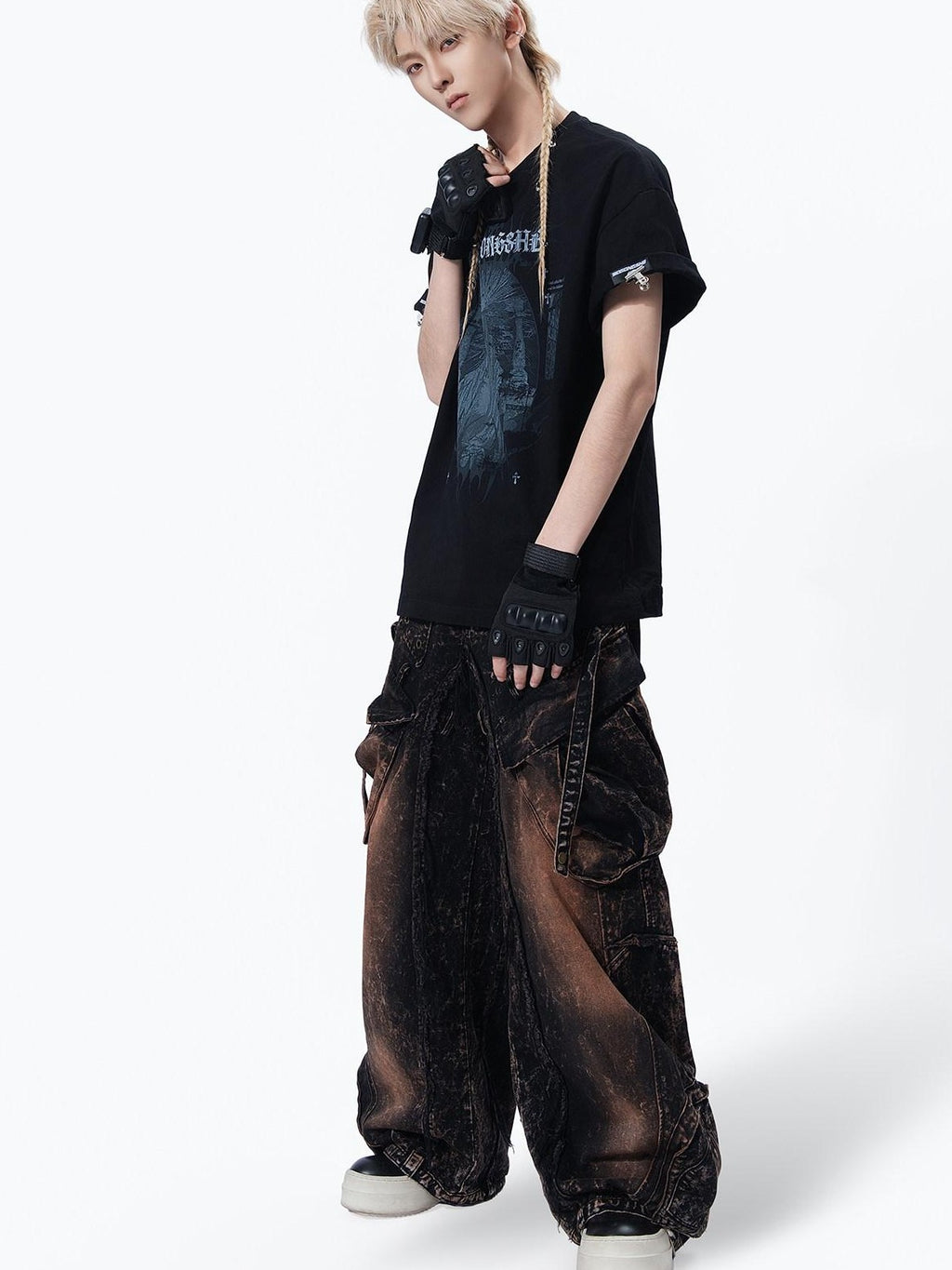 MOGONGSHE American High Street Studded Distressed Cargo Women's Denim Wide-leg Jeans