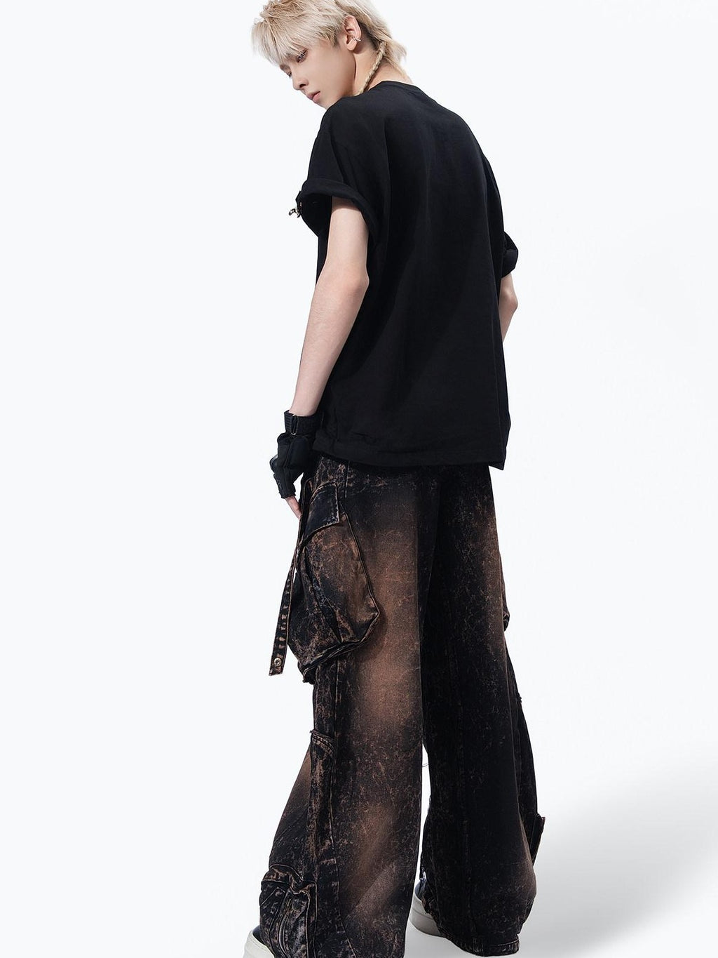 MOGONGSHE American High Street Studded Distressed Cargo Women's Denim Wide-leg Jeans