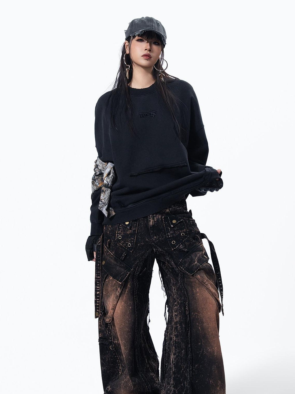 MOGONGSHE American High Street Studded Distressed Cargo Women's Denim Wide-leg Jeans