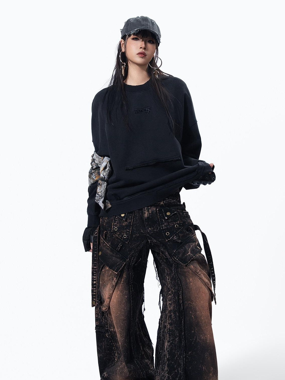 MOGONGSHE American High Street Studded Distressed Cargo Women's Denim Wide-leg Jeans