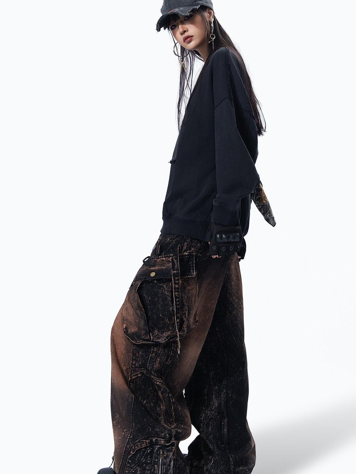 MOGONGSHE American High Street Studded Distressed Cargo Women's Denim Wide-leg Jeans