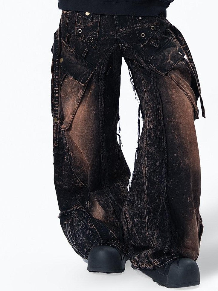 MOGONGSHE American High Street Studded Distressed Cargo Women's Denim Wide-leg Jeans