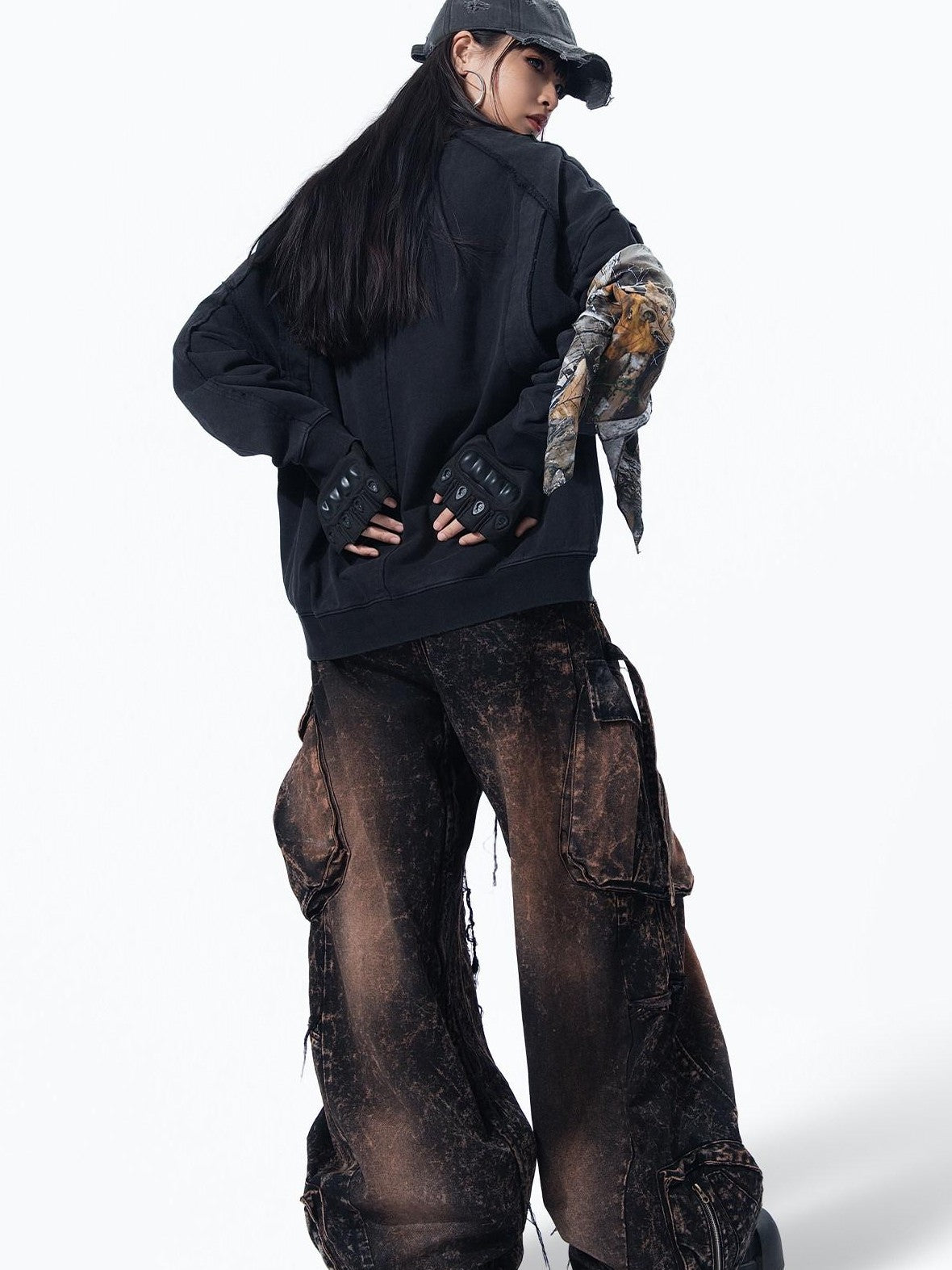 MOGONGSHE American High Street Studded Distressed Cargo Women's Denim Wide-leg Jeans
