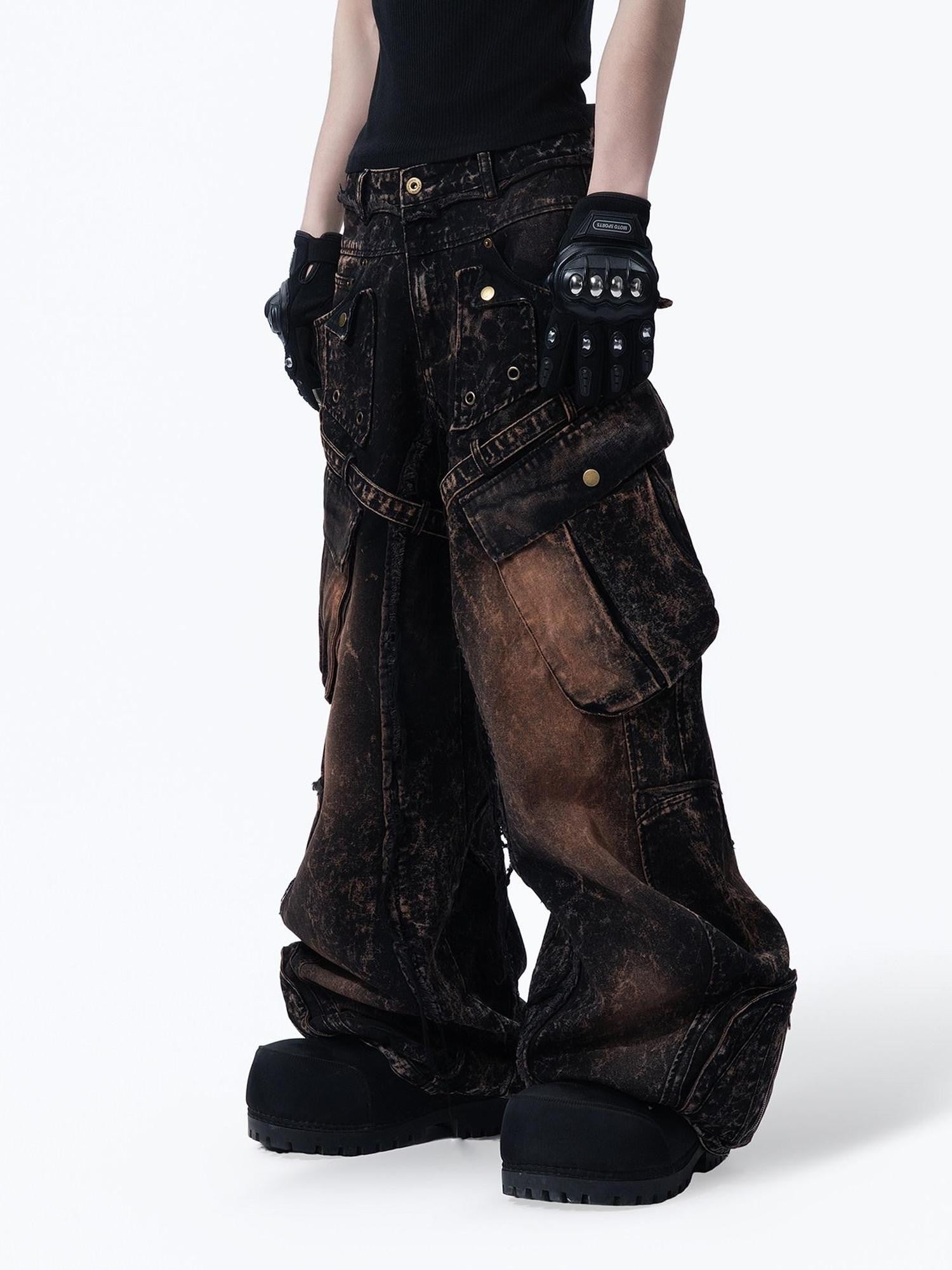 MOGONGSHE American High Street Studded Distressed Cargo Women's Denim Wide-leg Jeans