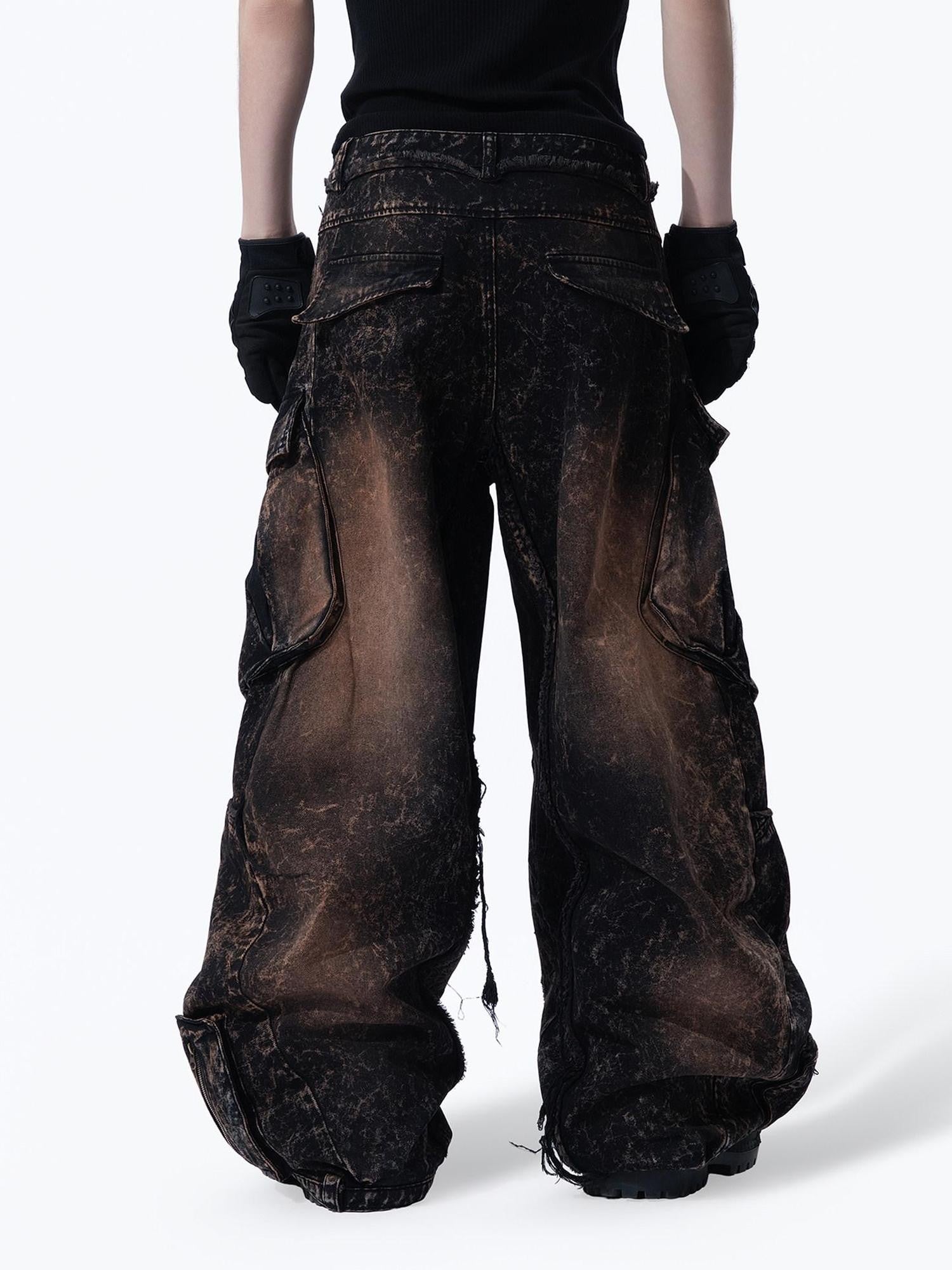 MOGONGSHE American High Street Studded Distressed Cargo Women's Denim Wide-leg Jeans