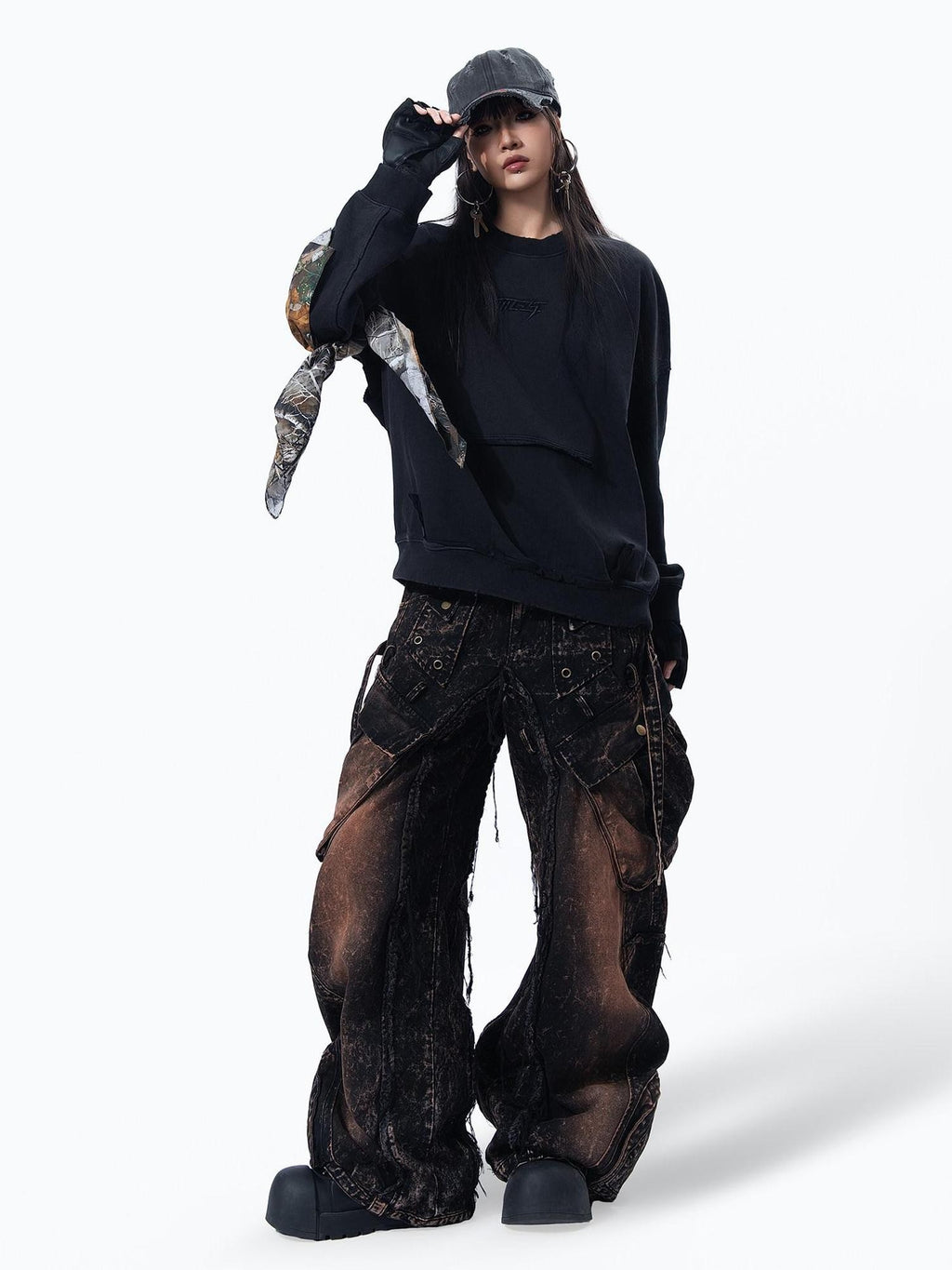 MOGONGSHE American High Street Studded Distressed Cargo Women's Denim Wide-leg Jeans