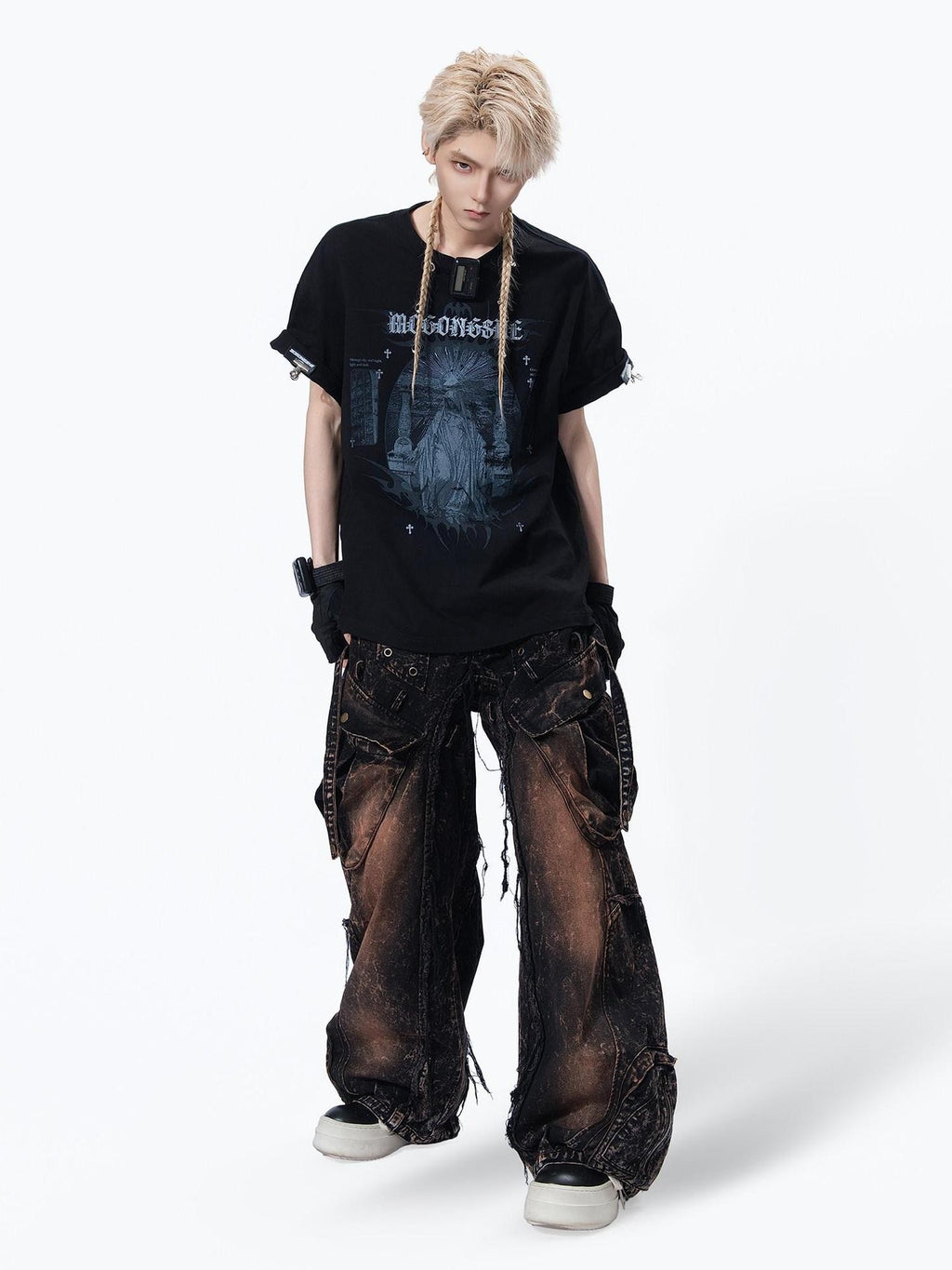 MOGONGSHE American High Street Studded Distressed Cargo Women's Denim Wide-leg Jeans
