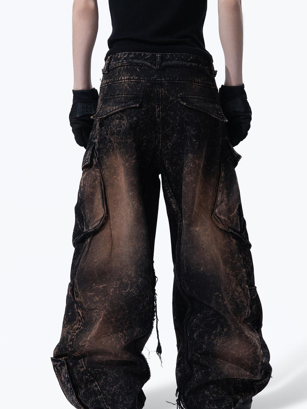 MOGONGSHE American High Street Studded Distressed Cargo Women's Denim Wide-leg Jeans