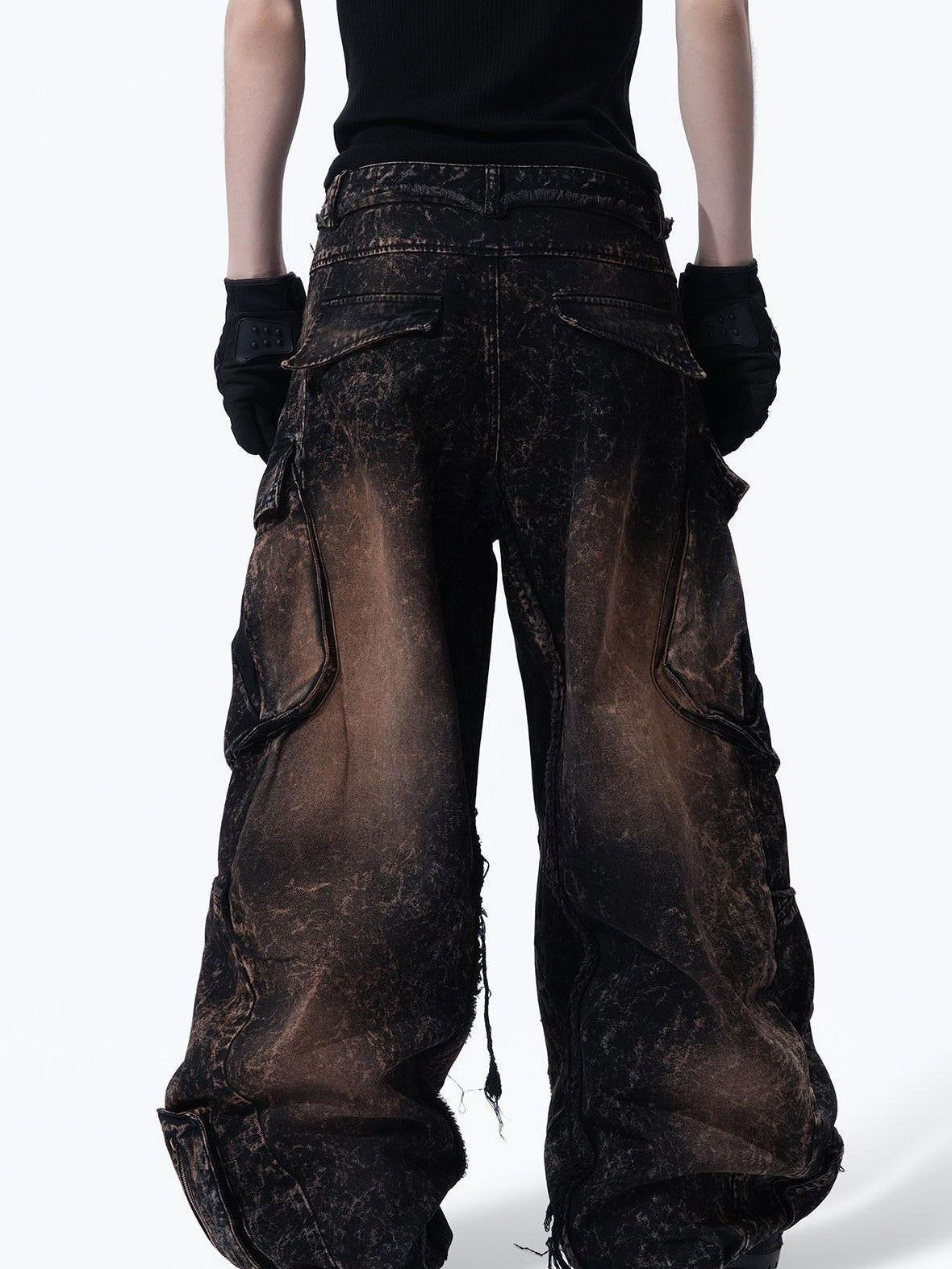 MOGONGSHE American High Street Studded Distressed Cargo Women's Denim Wide-leg Jeans