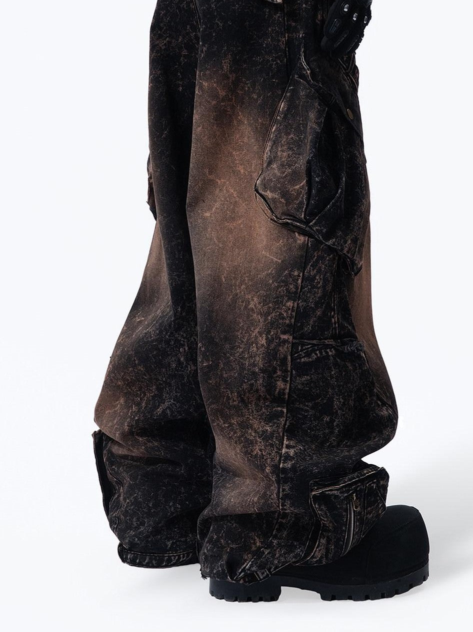 MOGONGSHE American High Street Studded Distressed Cargo Women's Denim Wide-leg Jeans