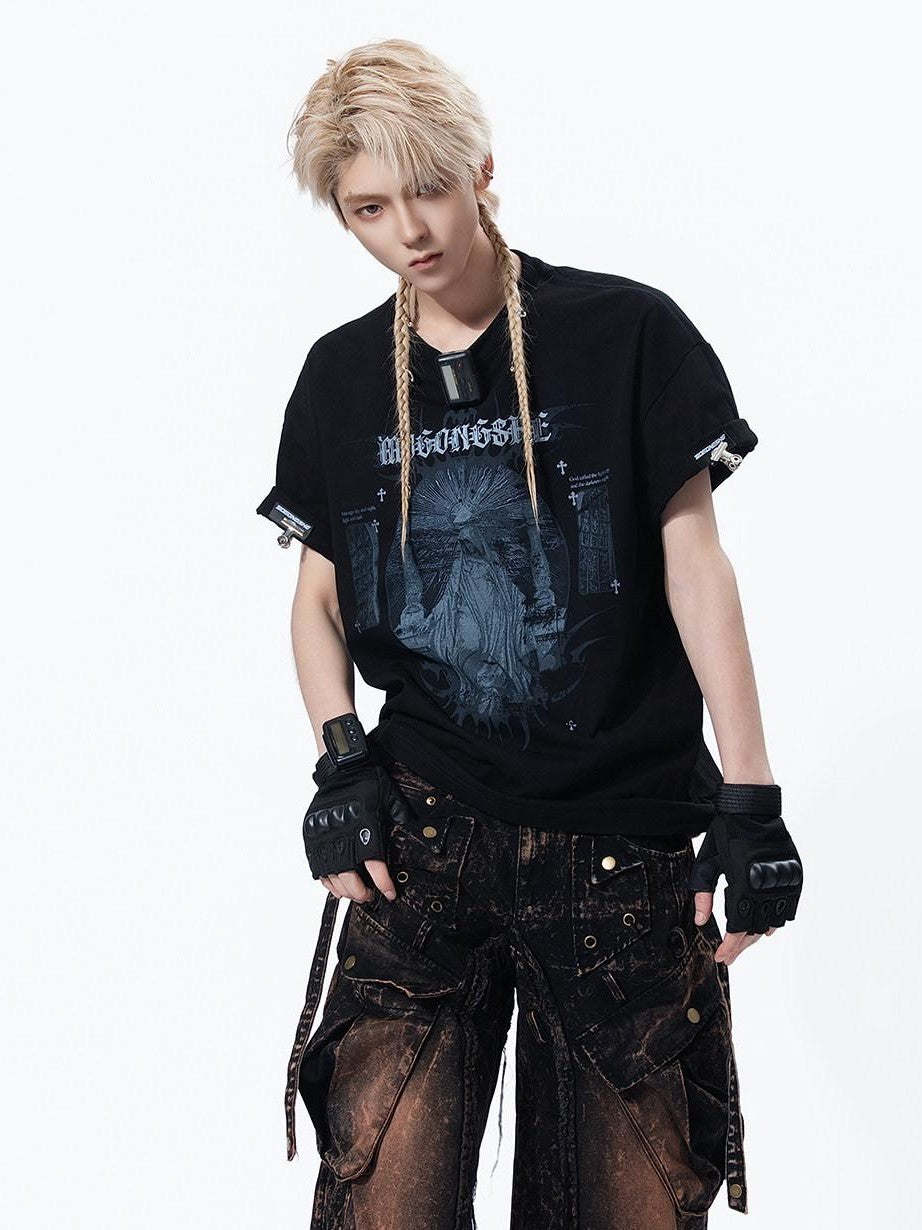 MOGONGSHE American High Street Studded Distressed Cargo Women's Denim Wide-leg Jeans