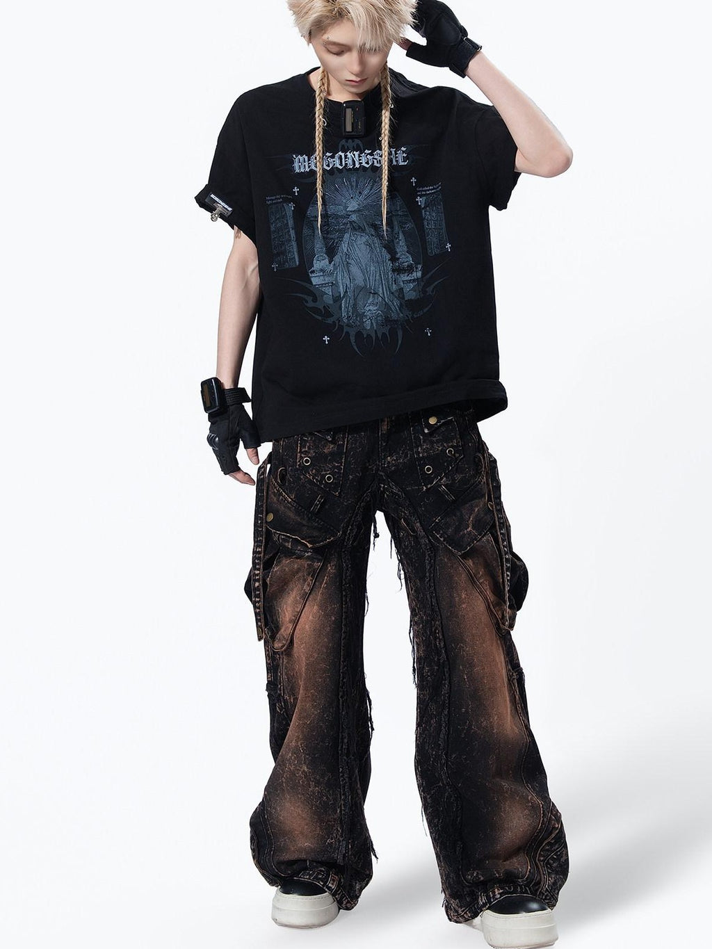 MOGONGSHE American High Street Studded Distressed Cargo Women's Denim Wide-leg Jeans