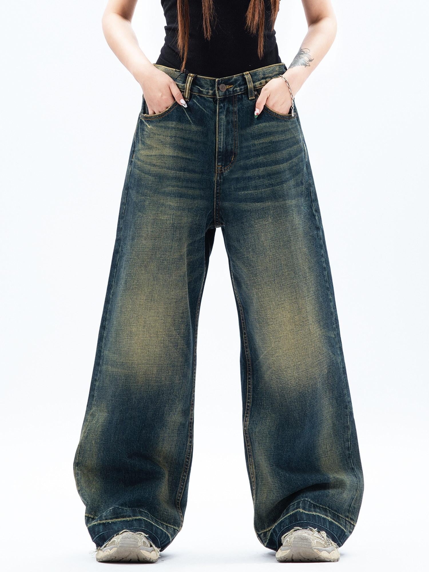 MOGONGSHE American Relaxed Draped Floor Length Heavy Denim Women's Wide-leg Jeans