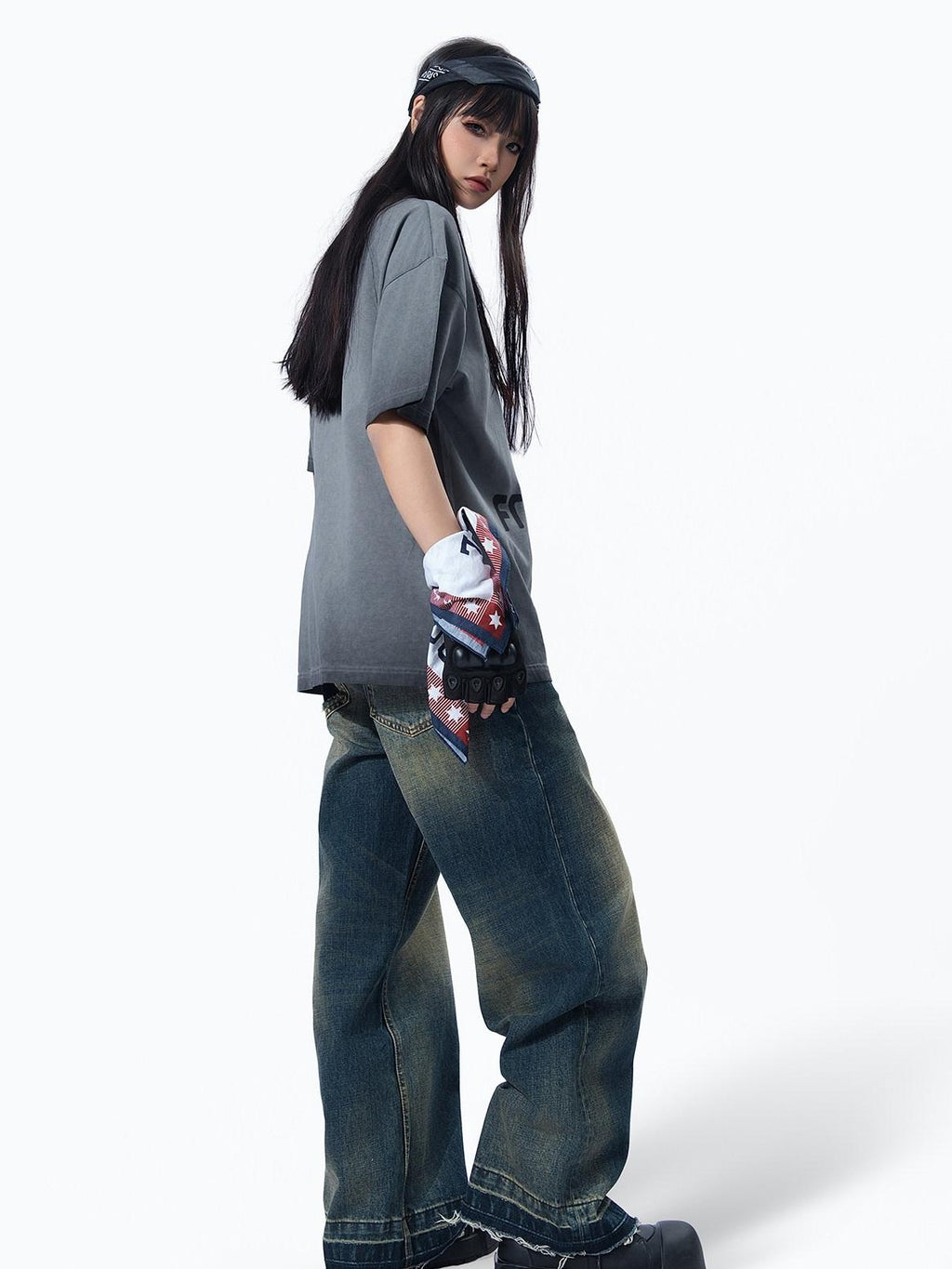 MOGONGSHE American Relaxed Draped Floor Length Heavy Denim Women's Wide-leg Jeans