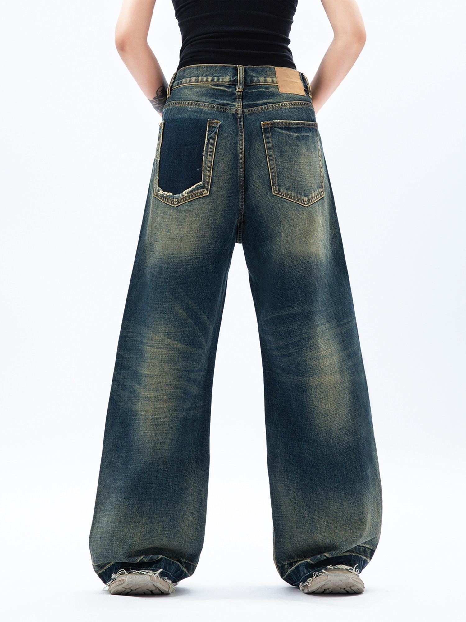 MOGONGSHE American Relaxed Draped Floor Length Heavy Denim Women's Wide-leg Jeans