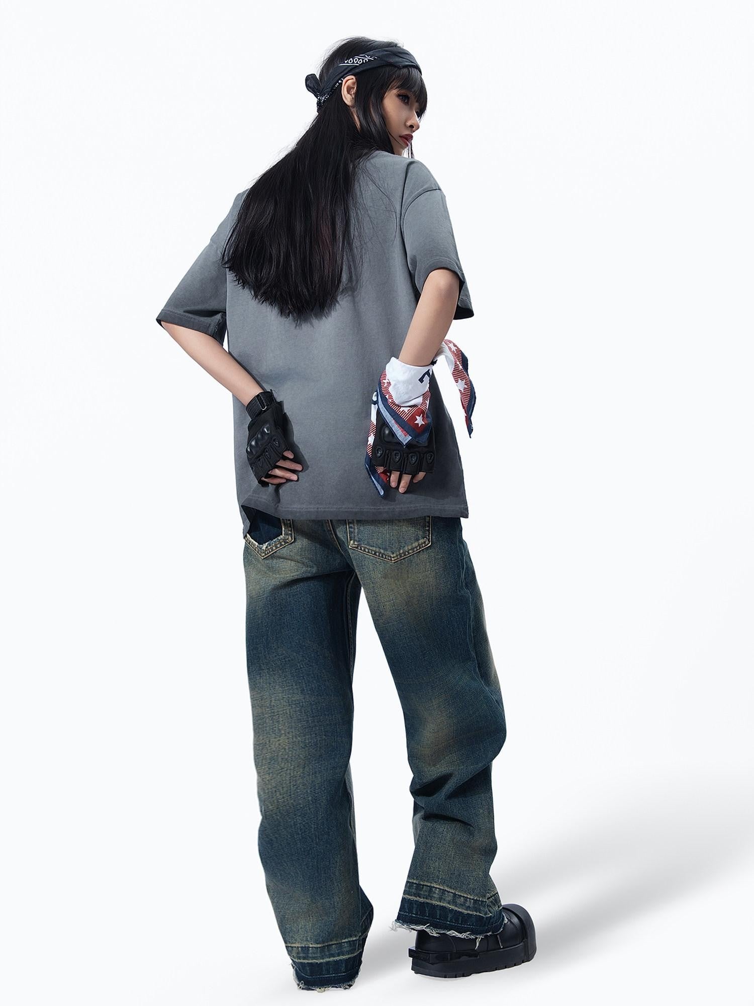MOGONGSHE American Relaxed Draped Floor Length Heavy Denim Women's Wide-leg Jeans