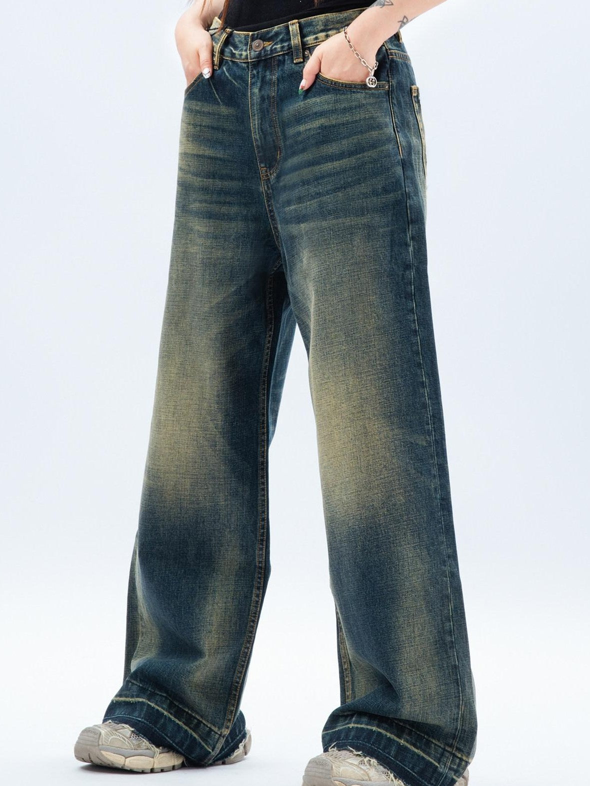 MOGONGSHE American Relaxed Draped Floor Length Heavy Denim Women's Wide-leg Jeans