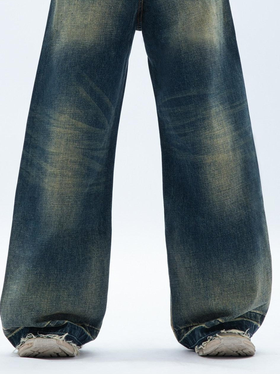 MOGONGSHE American Relaxed Draped Floor Length Heavy Denim Women's Wide-leg Jeans