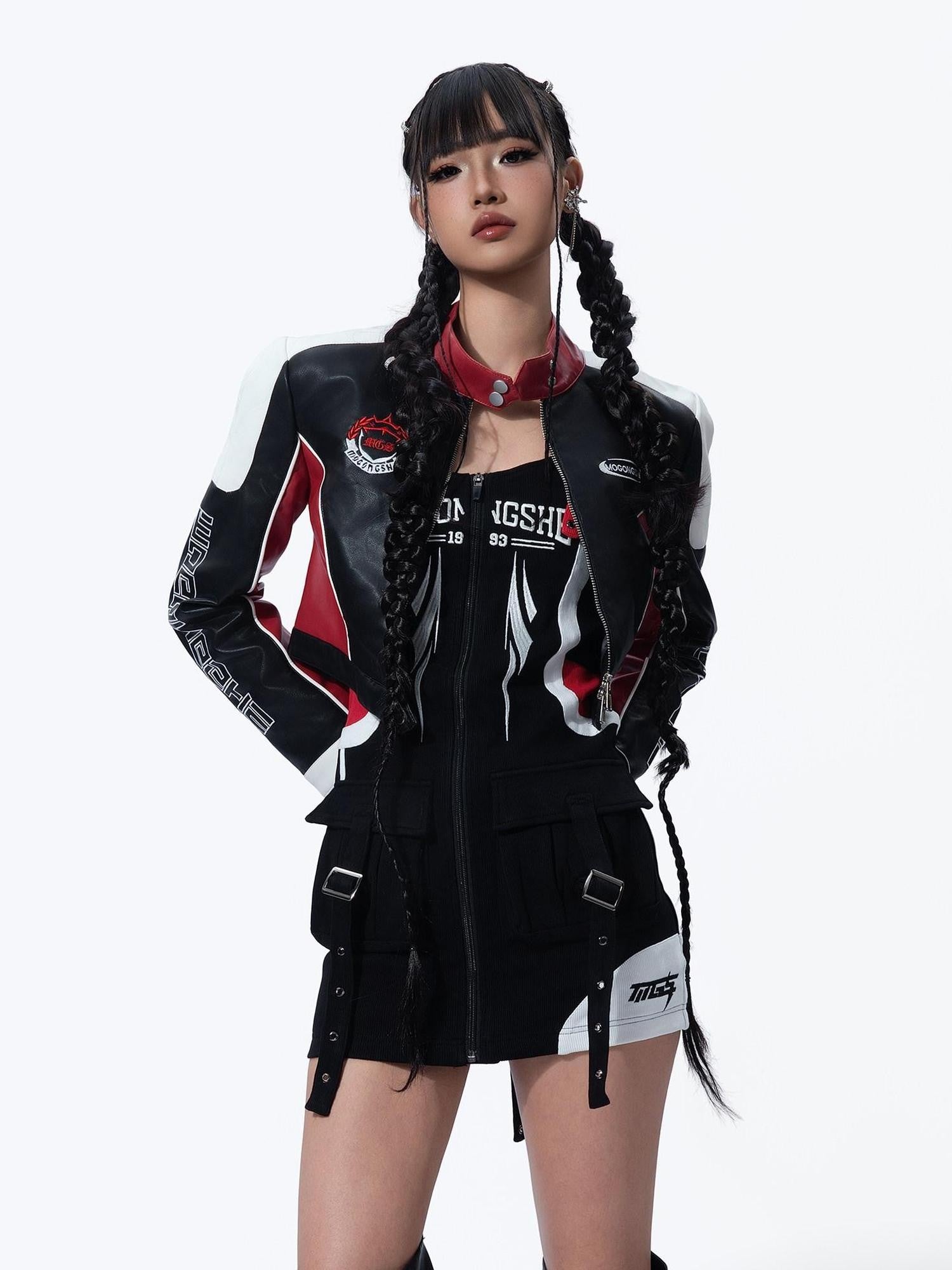 MOGONGSHE American Retro Heavy Duty Cropped Patchwork Biker Women's Pu Leather Jackets