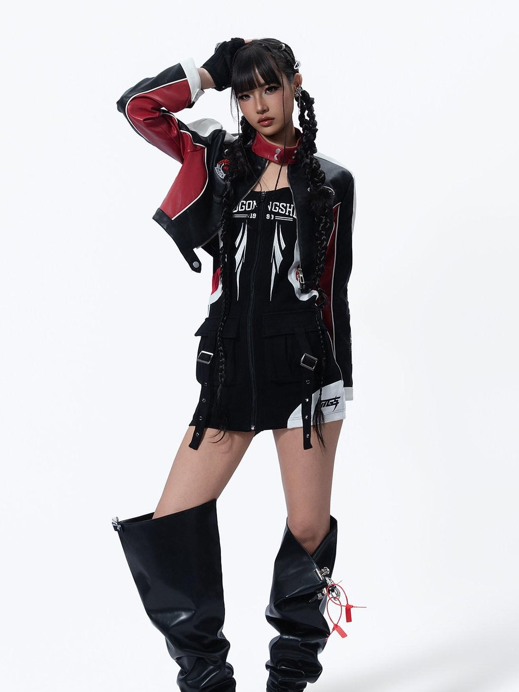 MOGONGSHE American Retro Heavy Duty Cropped Patchwork Biker Women's Pu Leather Jackets