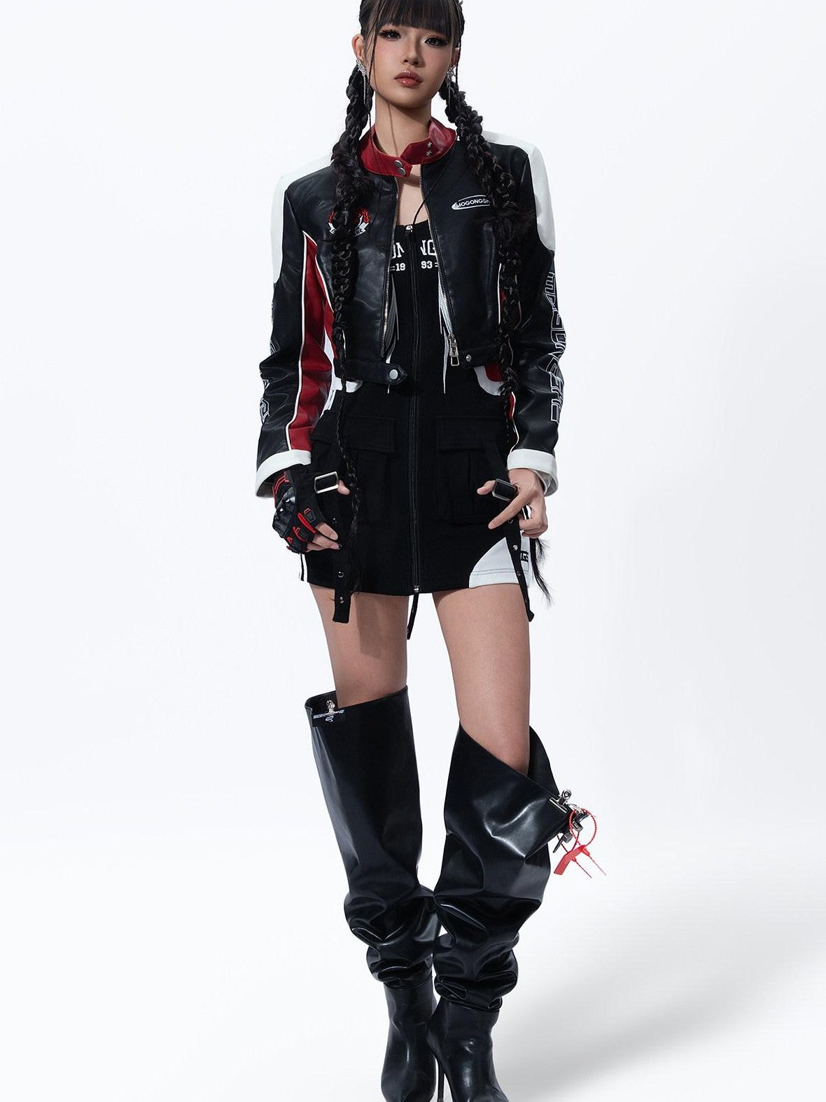 MOGONGSHE American Retro Heavy Duty Cropped Patchwork Biker Women's Pu Leather Jackets
