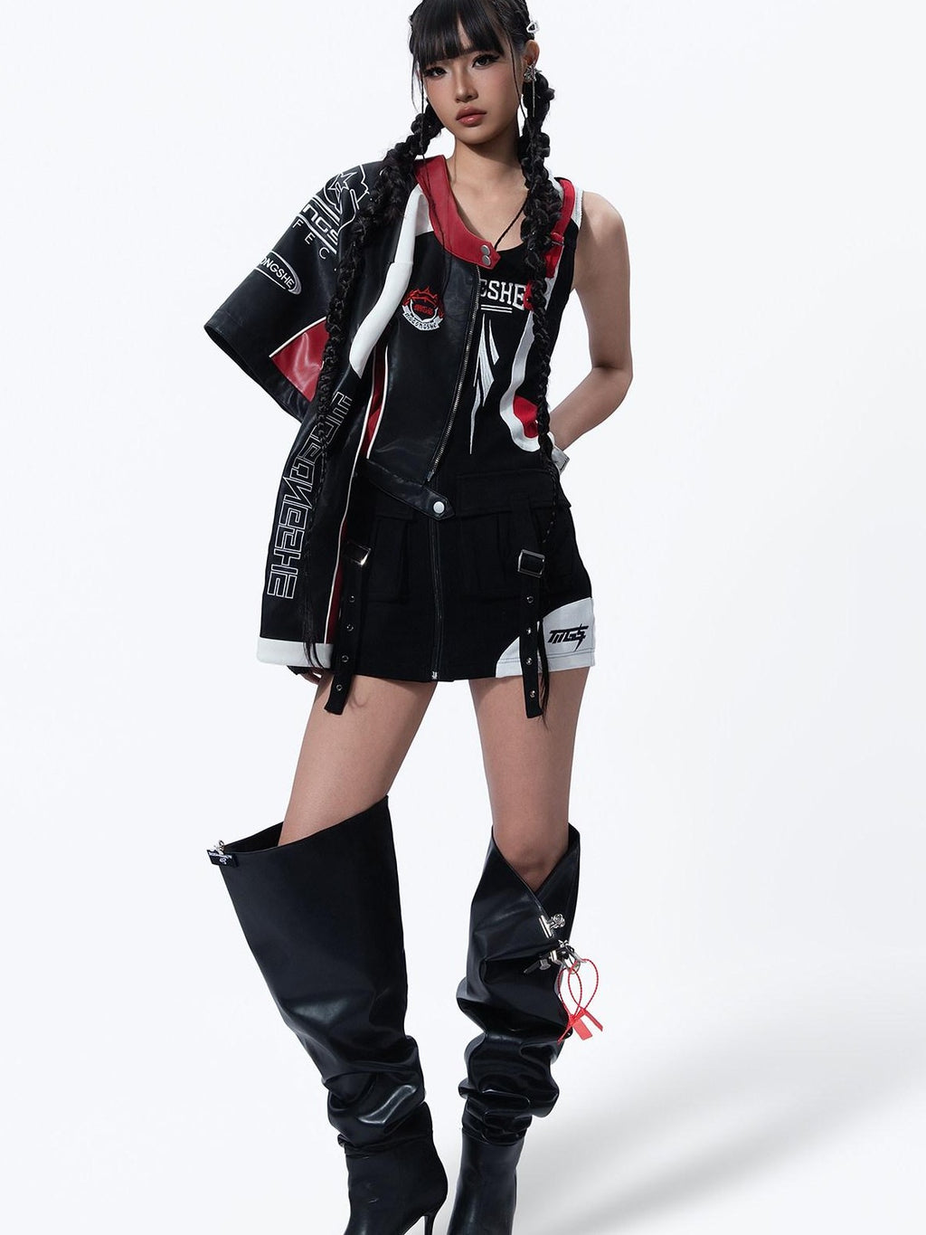 MOGONGSHE American Retro Heavy Duty Cropped Patchwork Biker Women's Pu Leather Jackets