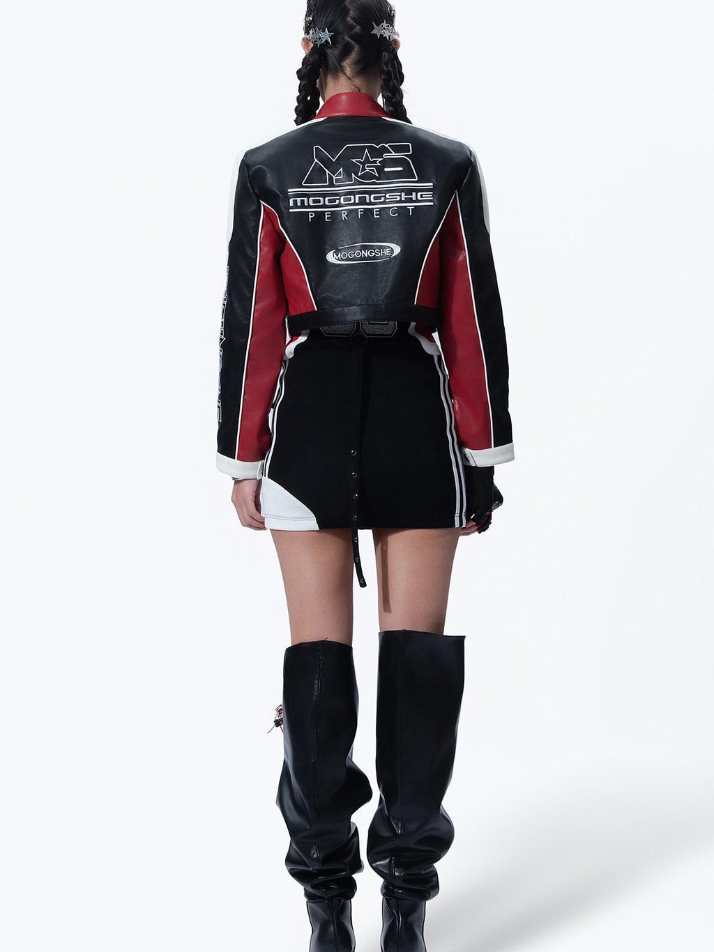 MOGONGSHE American Retro Heavy Duty Cropped Patchwork Biker Women's Pu Leather Jackets