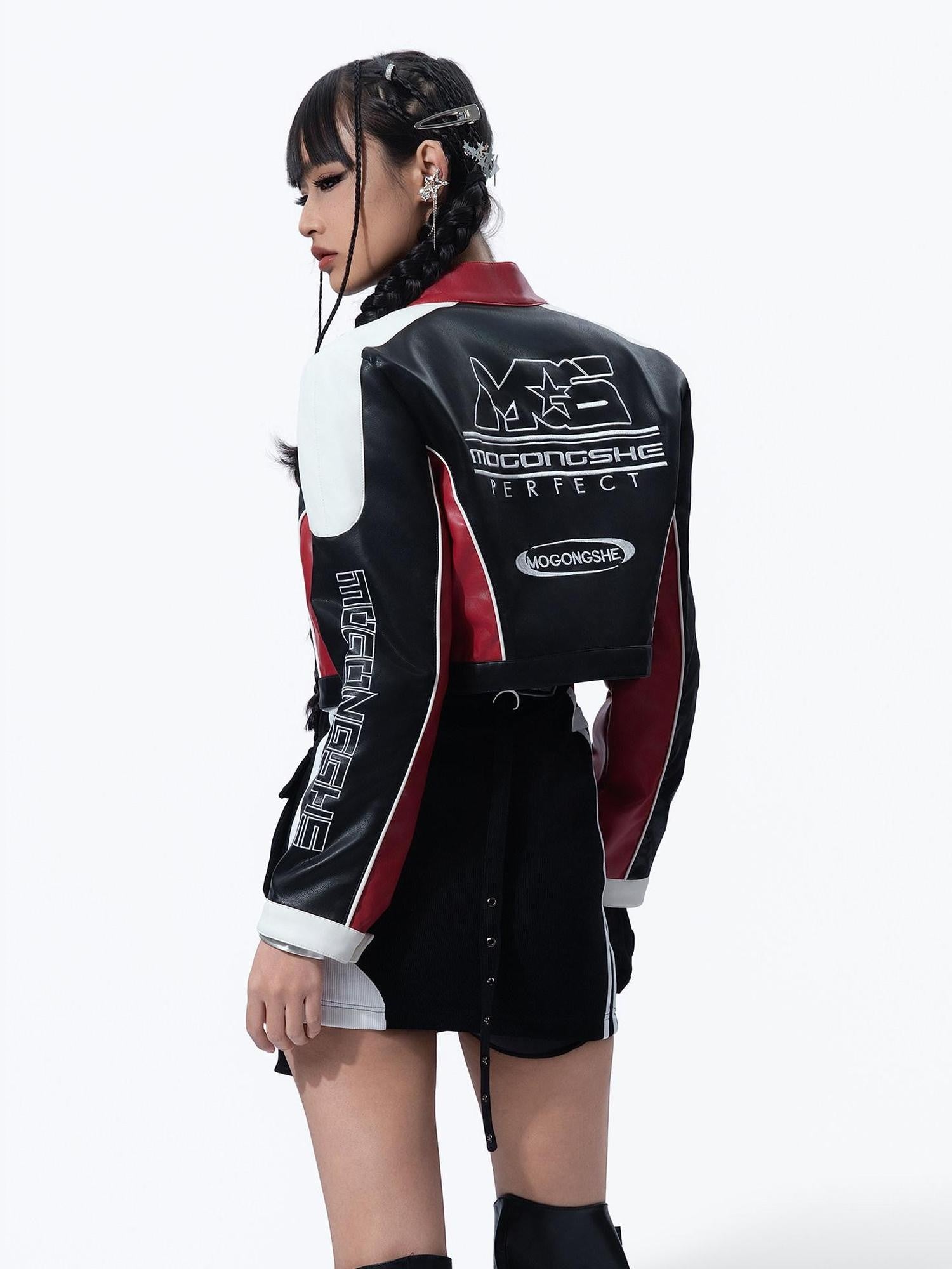 MOGONGSHE American Retro Heavy Duty Cropped Patchwork Biker Women's Pu Leather Jackets