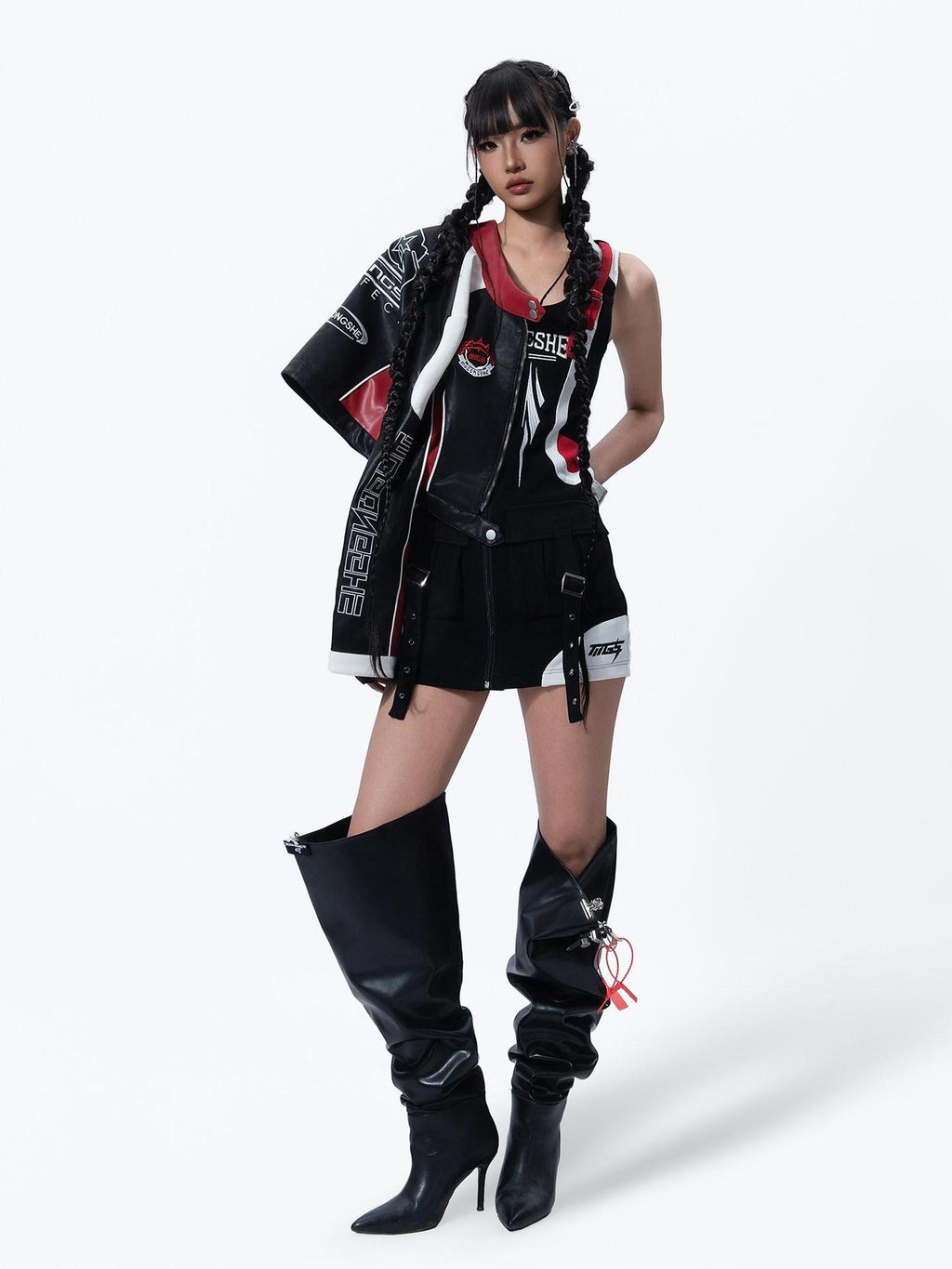 MOGONGSHE American Retro Heavy Duty Cropped Patchwork Biker Women's Pu Leather Jackets