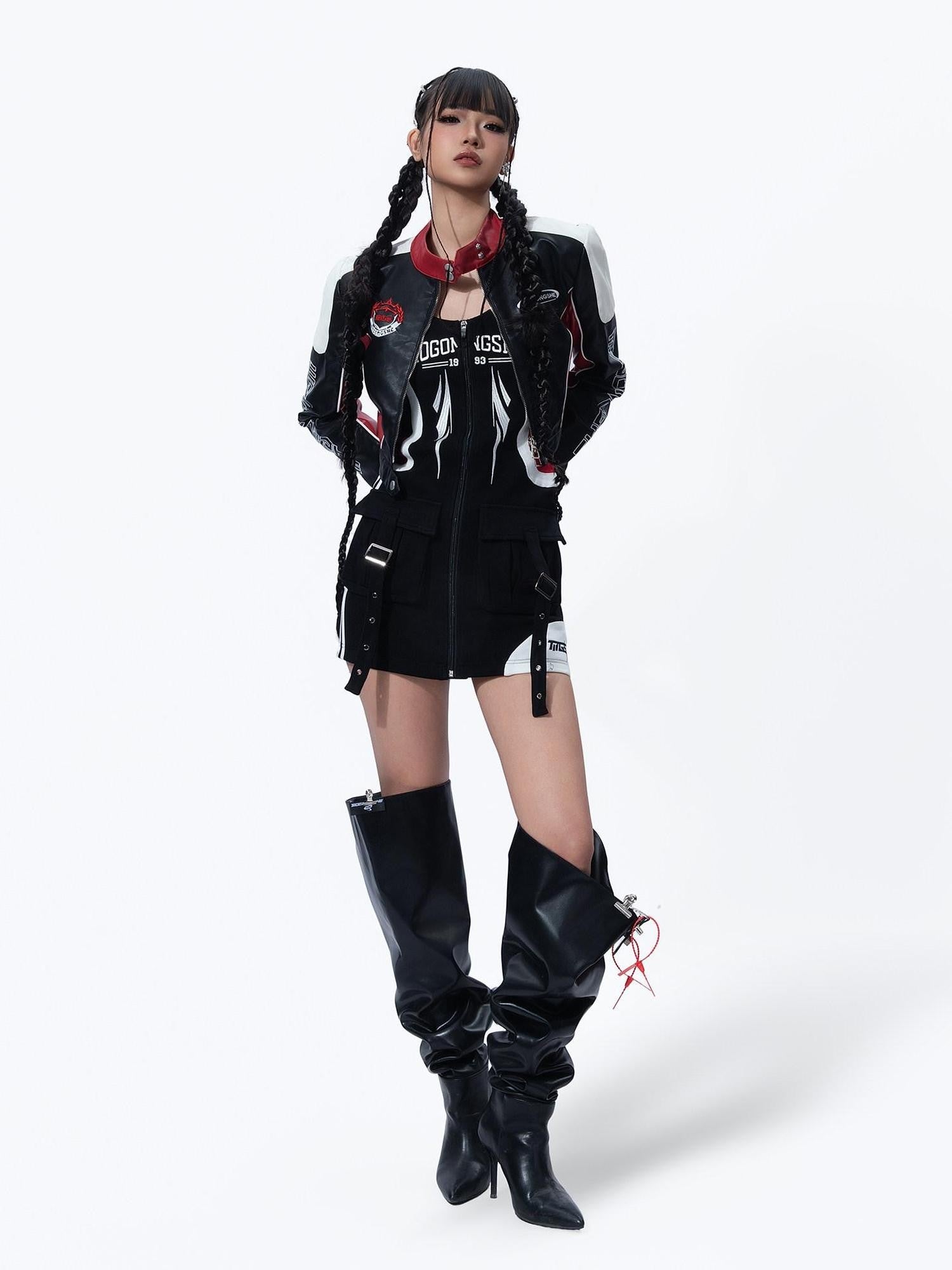 MOGONGSHE American Retro Heavy Duty Cropped Patchwork Biker Women's Pu Leather Jackets