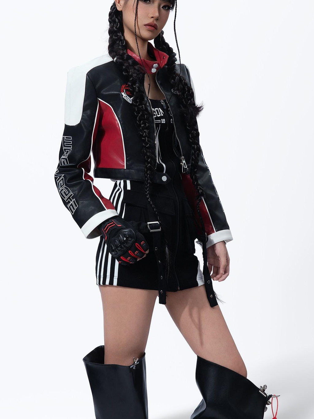 MOGONGSHE American Retro Heavy Duty Cropped Patchwork Biker Women's Pu Leather Jackets