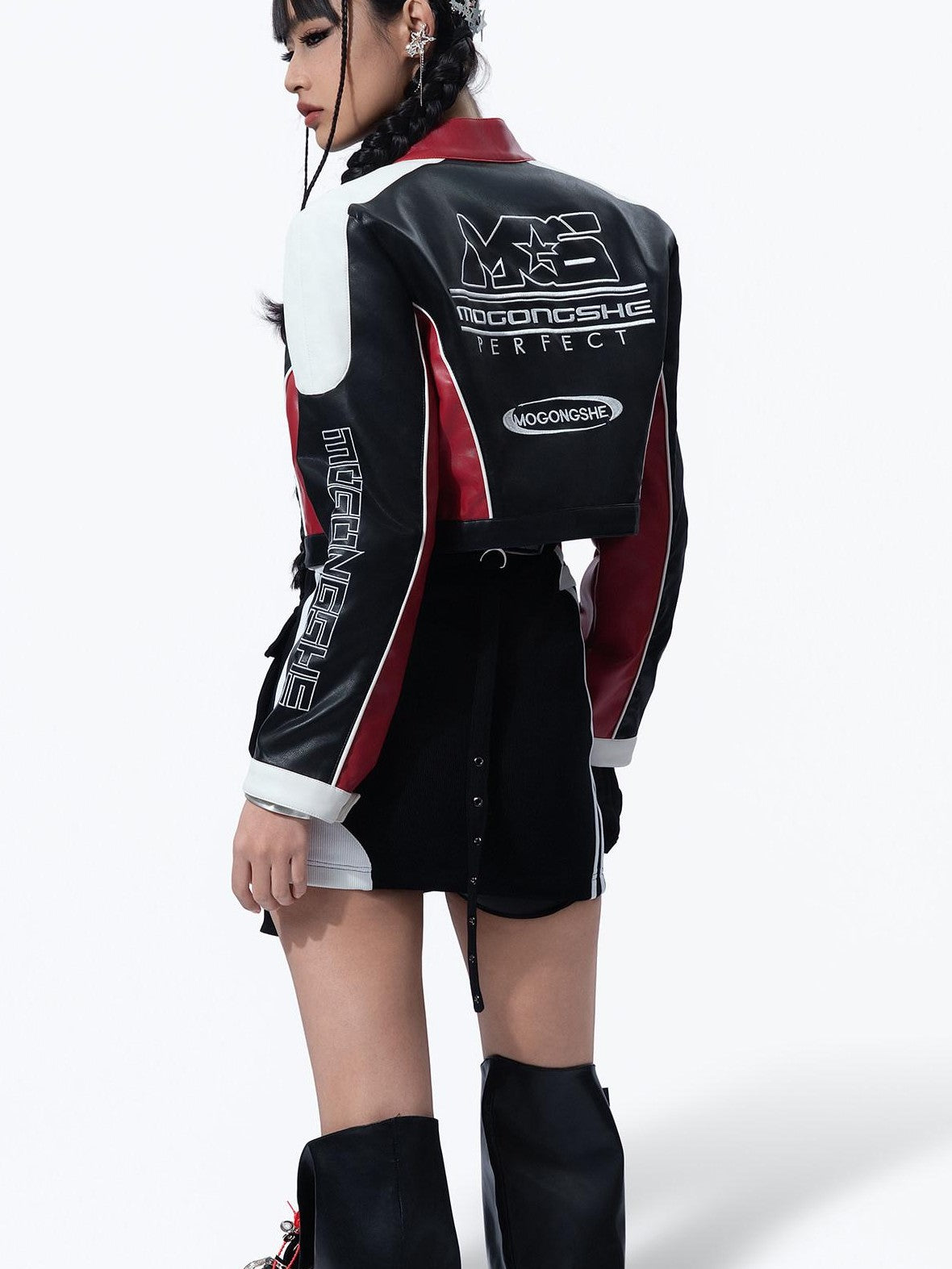MOGONGSHE American Retro Heavy Duty Cropped Patchwork Biker Women's Pu Leather Jackets