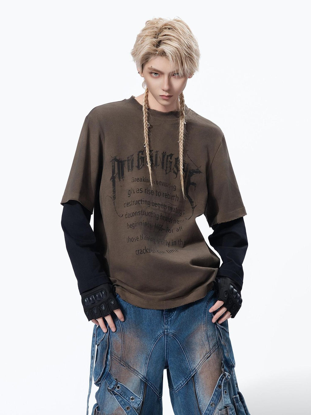 MOGONGSHE American Retro Heavy Faux Layered Women's Cotton Long Sleeve T-shirts
