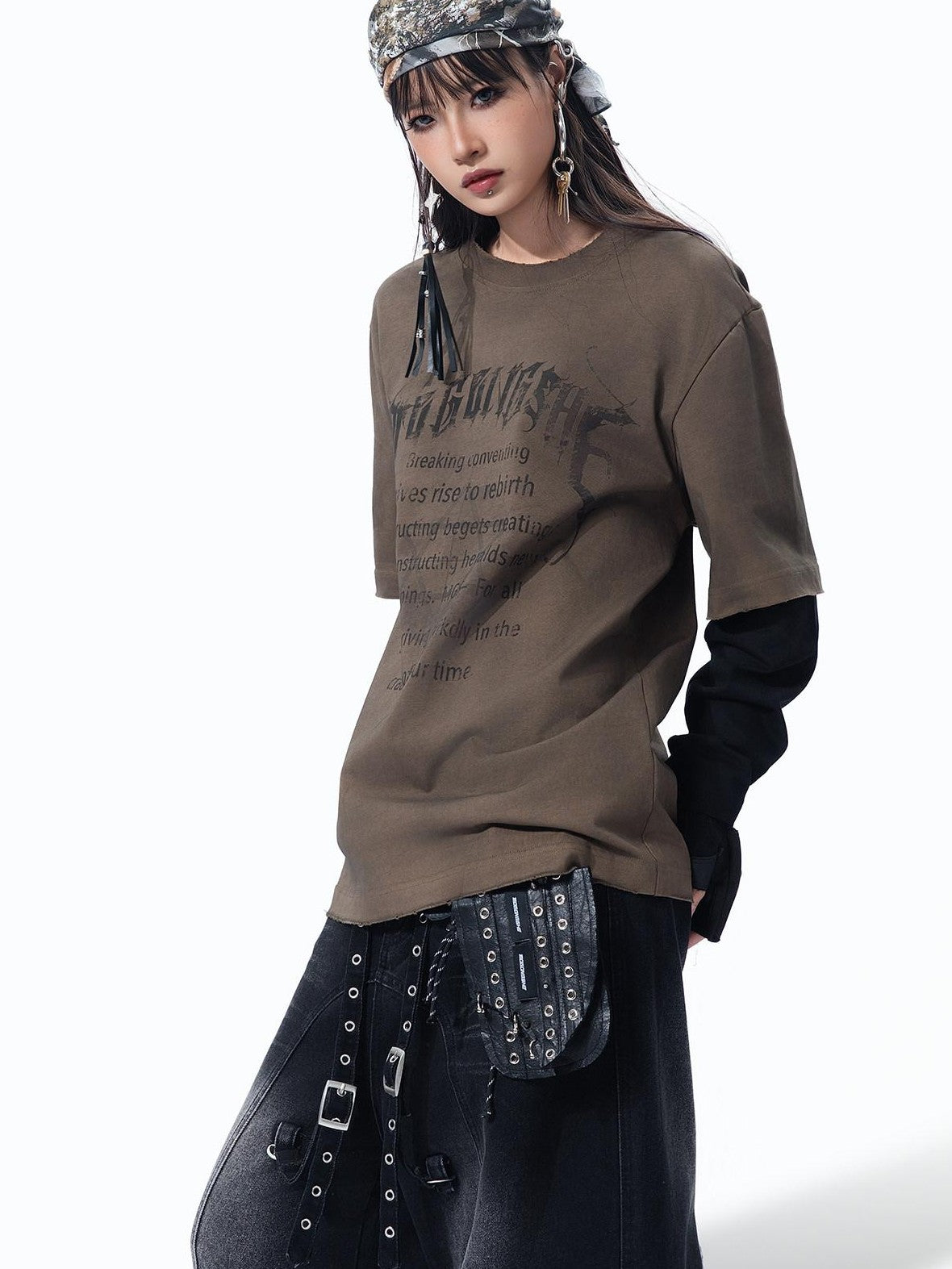MOGONGSHE American Retro Heavy Faux Layered Women's Cotton Long Sleeve T-shirts