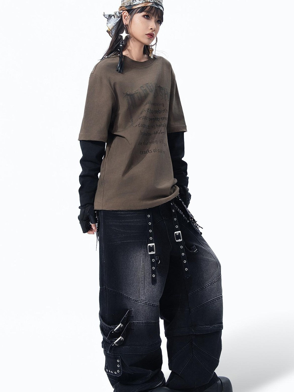 MOGONGSHE American Retro Heavy Faux Layered Women's Cotton Long Sleeve T-shirts