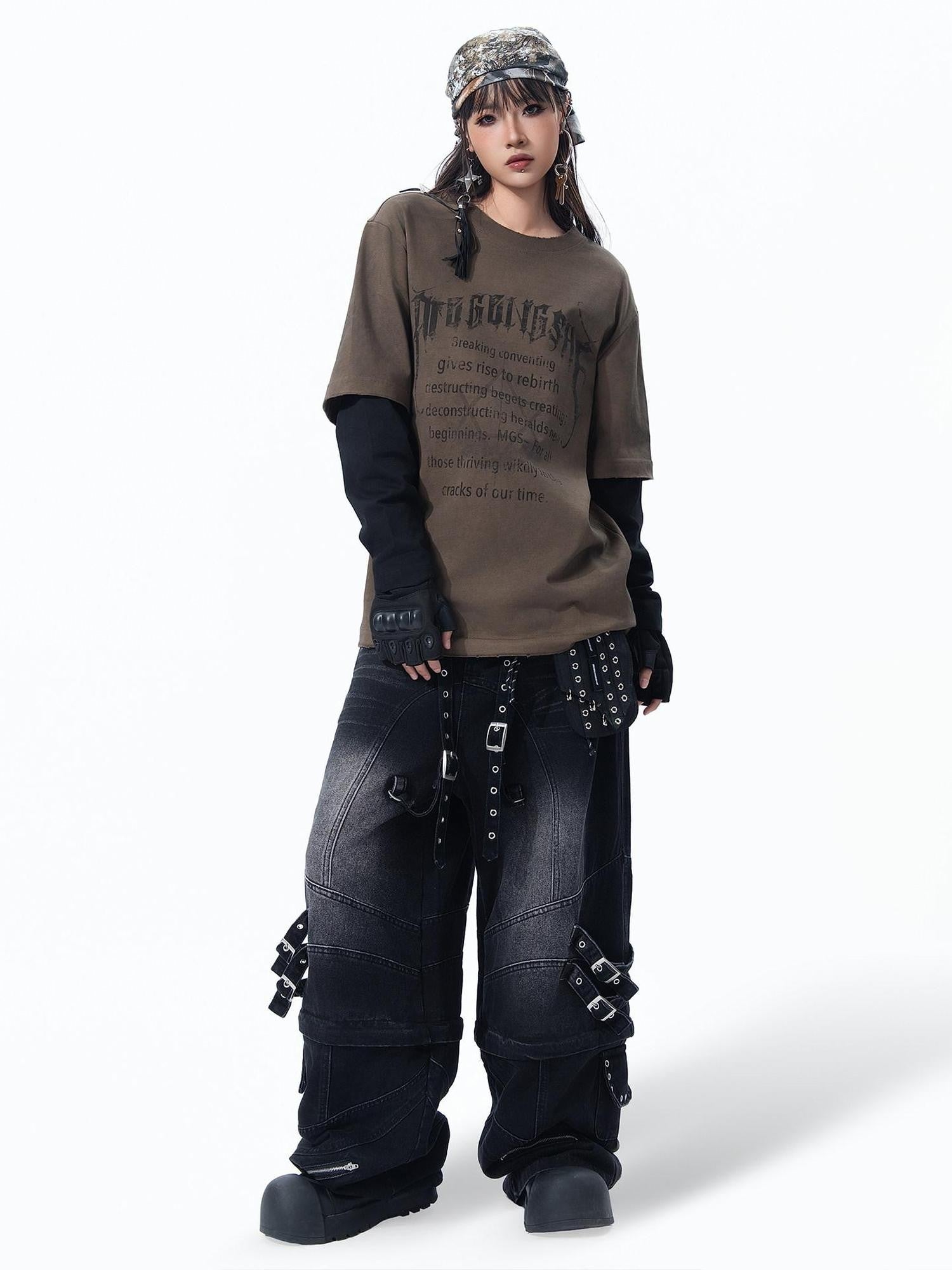 MOGONGSHE American Retro Heavy Faux Layered Women's Cotton Long Sleeve T-shirts