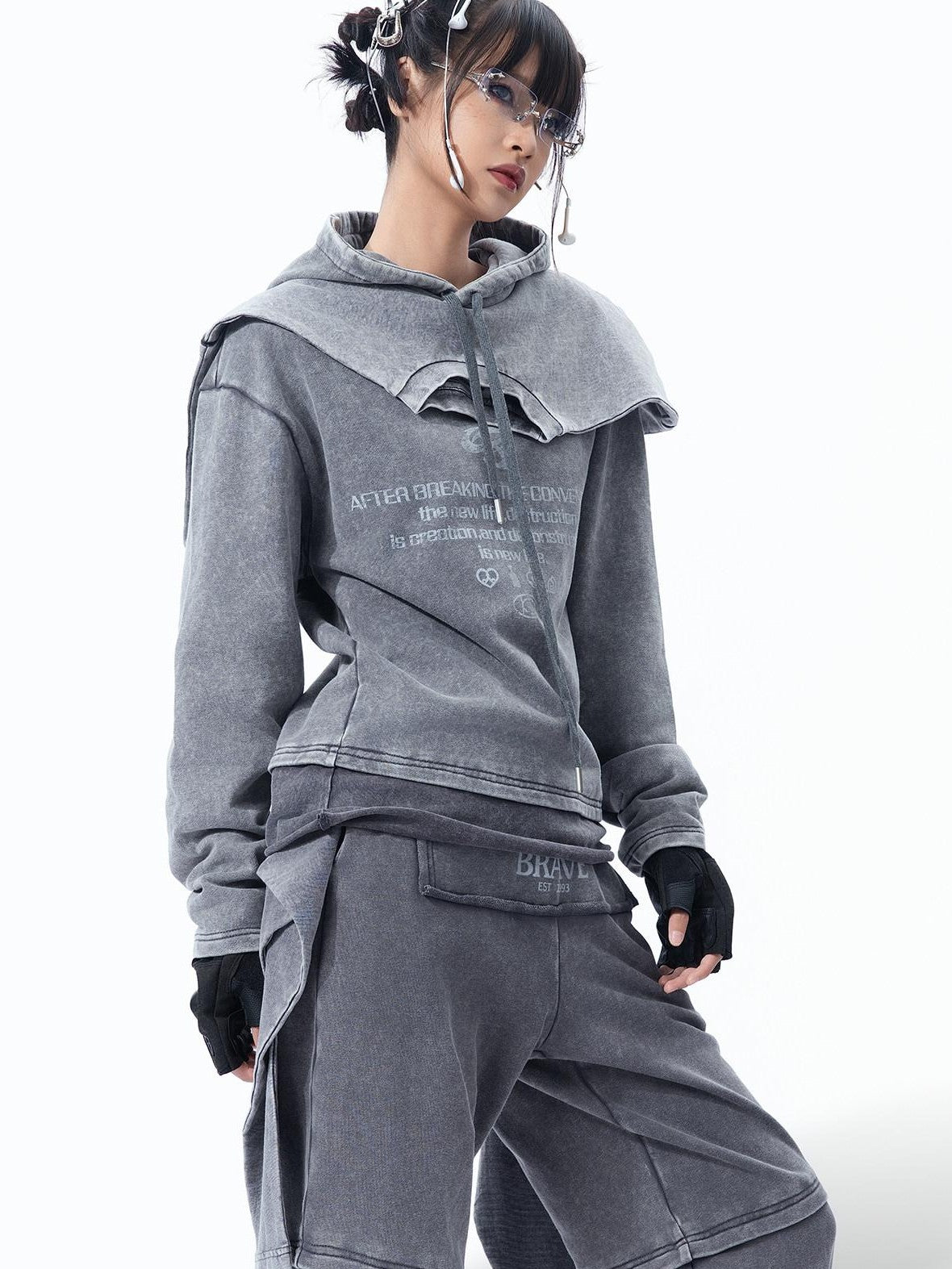 MOGONGSHE American Speckled Washed Vintage Faux Two Piece Women's Heavyweight Sweatshirts