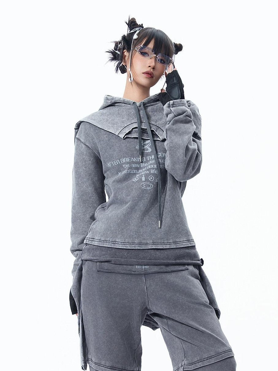MOGONGSHE American Speckled Washed Vintage Faux Two Piece Women's Heavyweight Sweatshirts