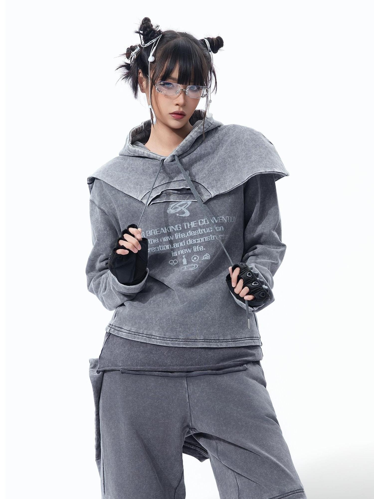 MOGONGSHE American Speckled Washed Vintage Faux Two Piece Women's Heavyweight Sweatshirts