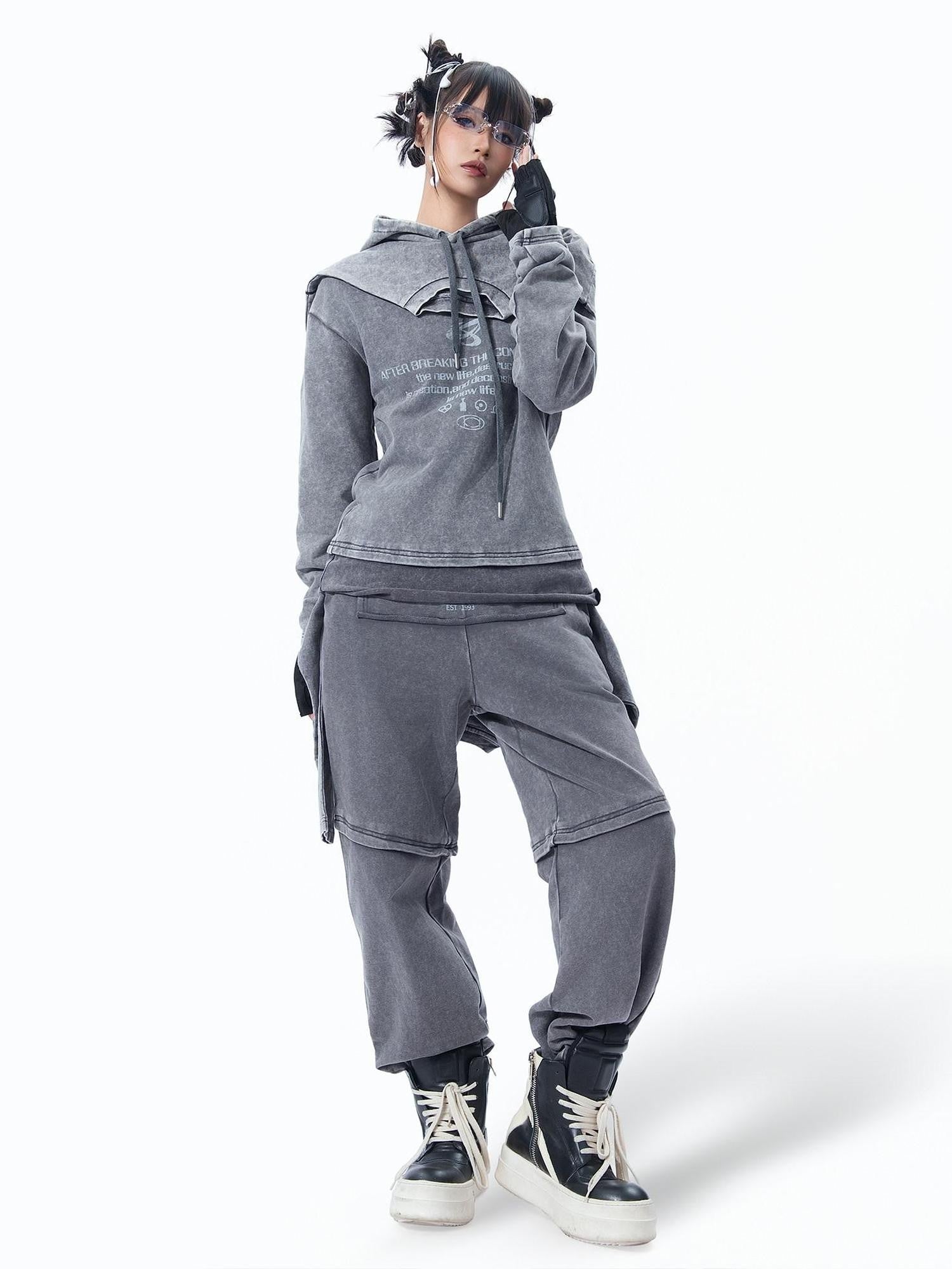 MOGONGSHE American Speckled Washed Vintage Faux Two Piece Women's Heavyweight Sweatshirts