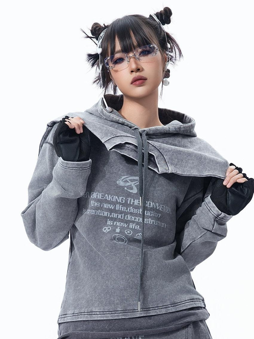 MOGONGSHE American Speckled Washed Vintage Faux Two Piece Women's Heavyweight Sweatshirts
