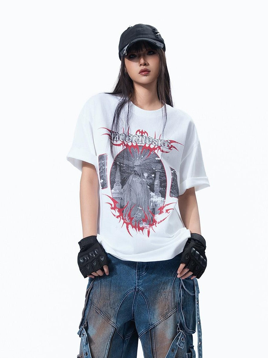 MOGONGSHE American Streetwear Chic Luxe Distinctive Women's Short Sleeve T-shirts