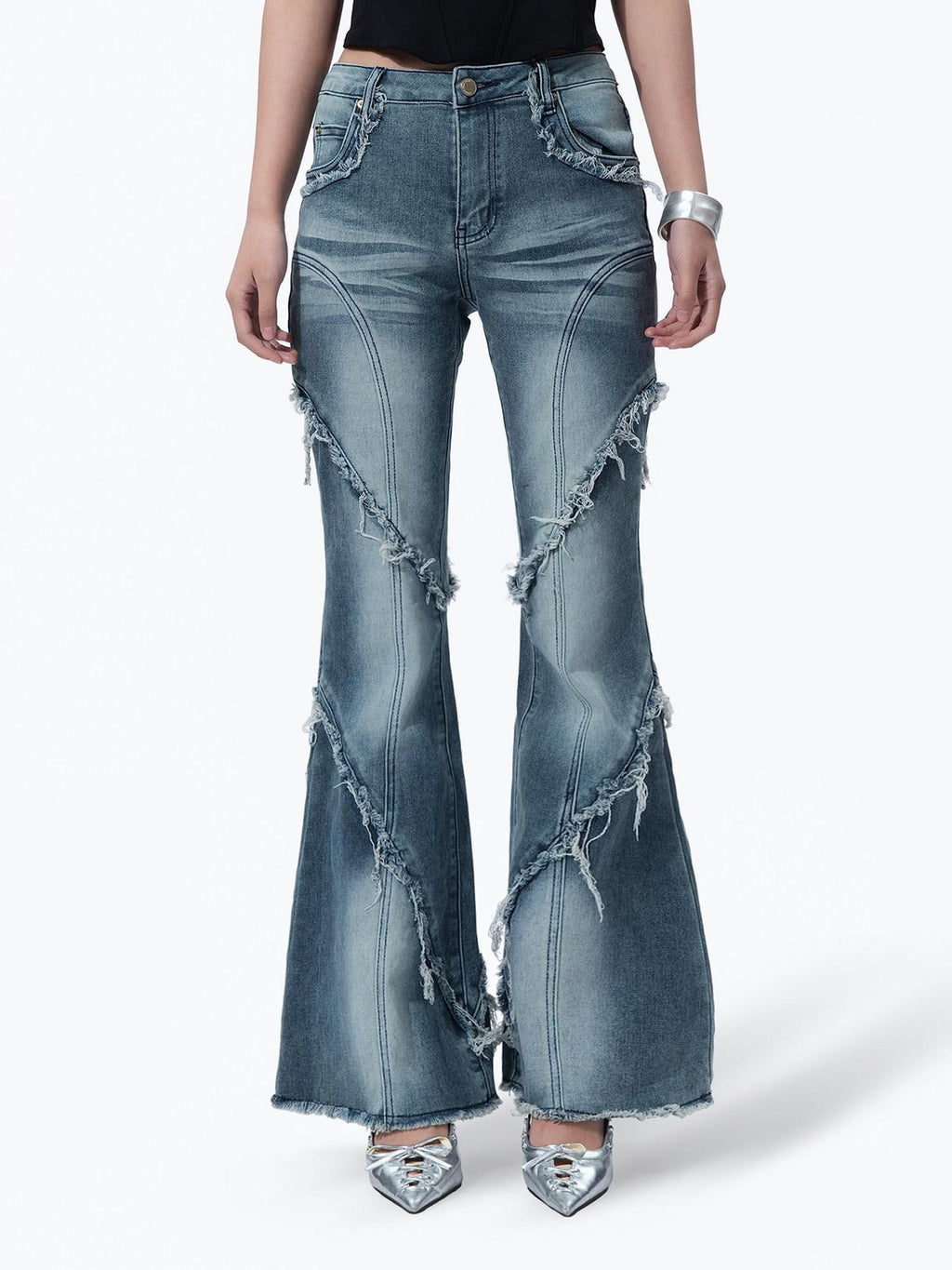 MOGONGSHE American Vintage Frayed Hem Micro Flare Women's Denim Flare Jeans