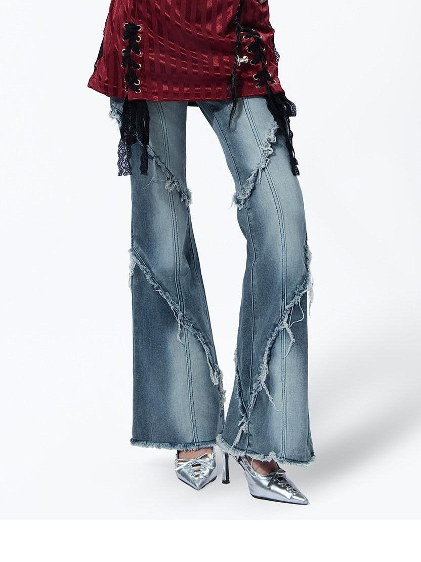 MOGONGSHE American Vintage Frayed Hem Micro Flare Women's Denim Flare Jeans
