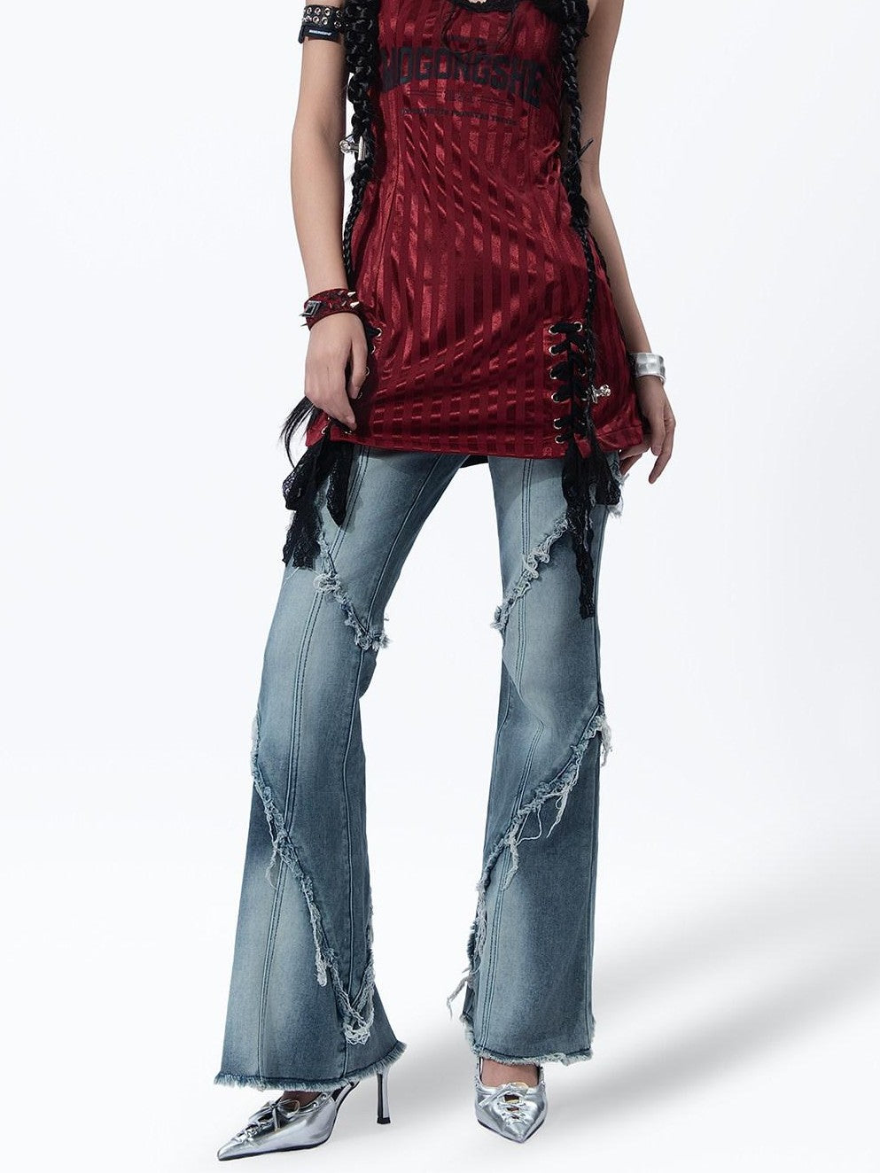 MOGONGSHE American Vintage Frayed Hem Micro Flare Women's Denim Flare Jeans