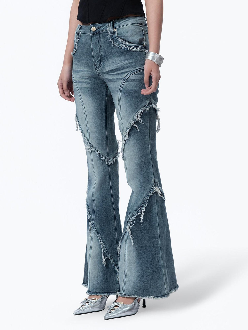MOGONGSHE American Vintage Frayed Hem Micro Flare Women's Denim Flare Jeans