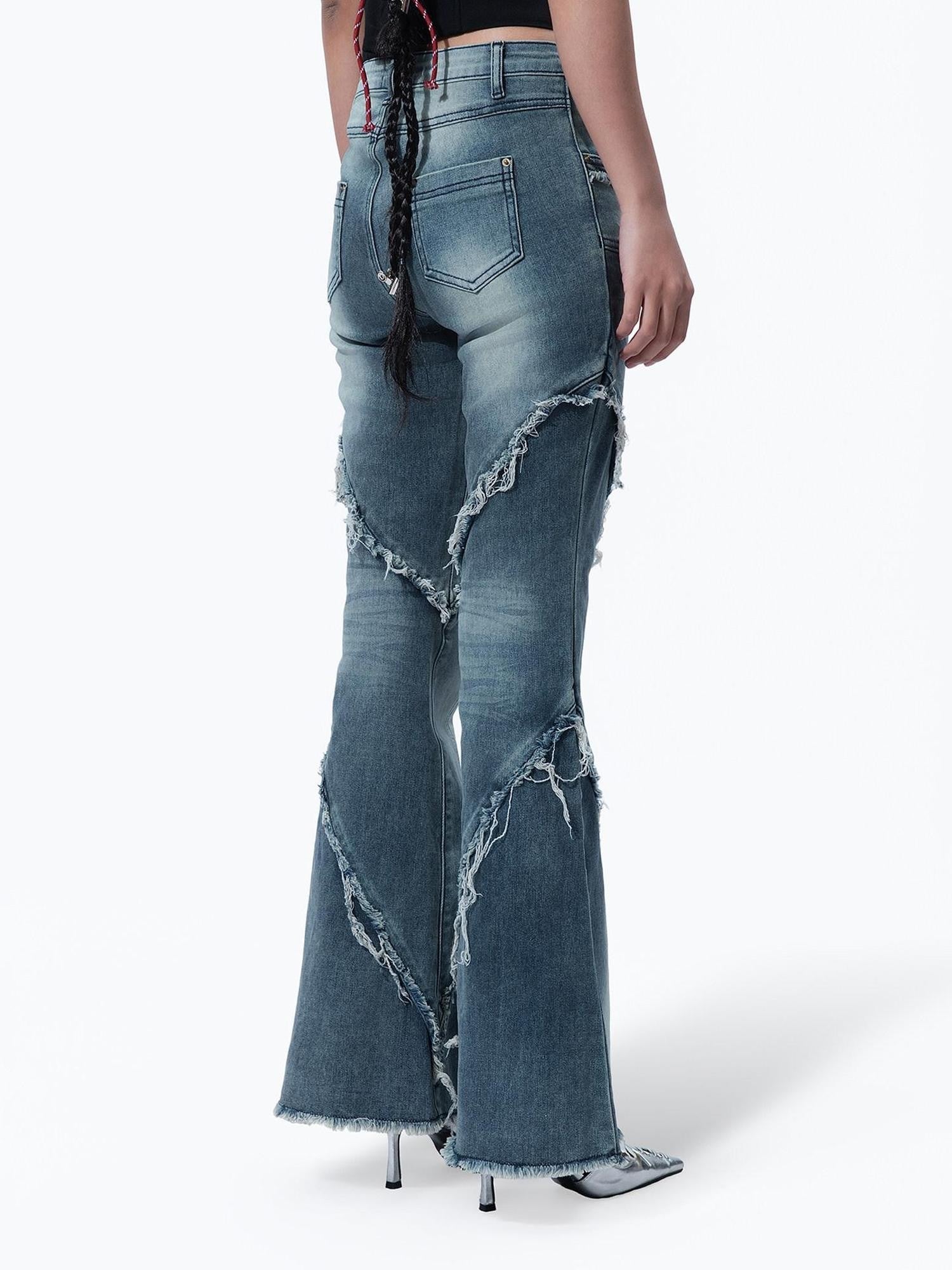 MOGONGSHE American Vintage Frayed Hem Micro Flare Women's Denim Flare Jeans