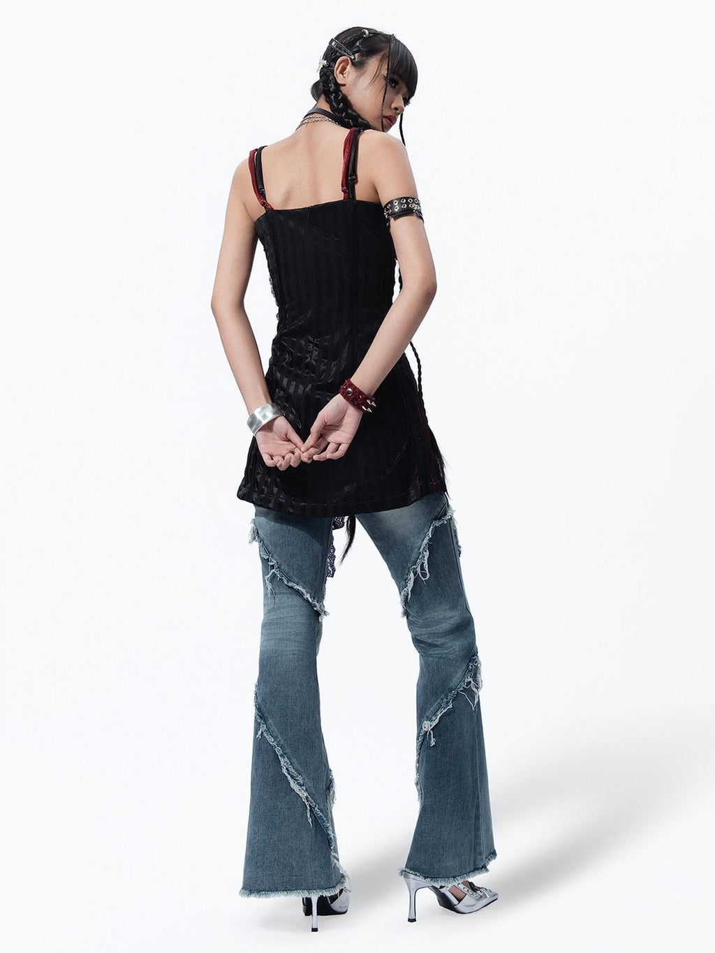 MOGONGSHE American Vintage Frayed Hem Micro Flare Women's Denim Flare Jeans
